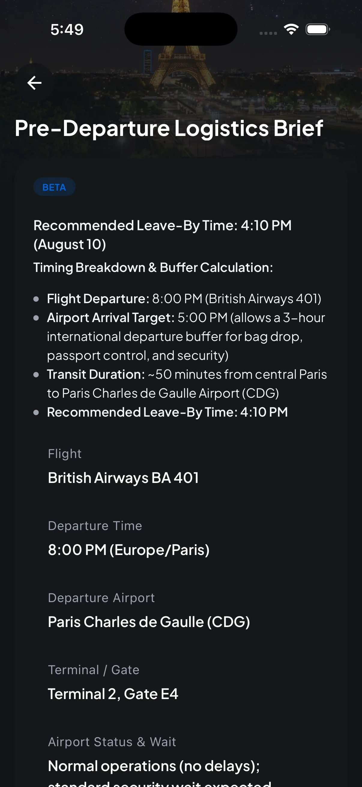 Trip7 pre-departure brief recommending a 4:10 PM leave time, explaining the three-hour airport buffer and the 50-minute drive, with flight, terminal, gate, and airport wait times listed