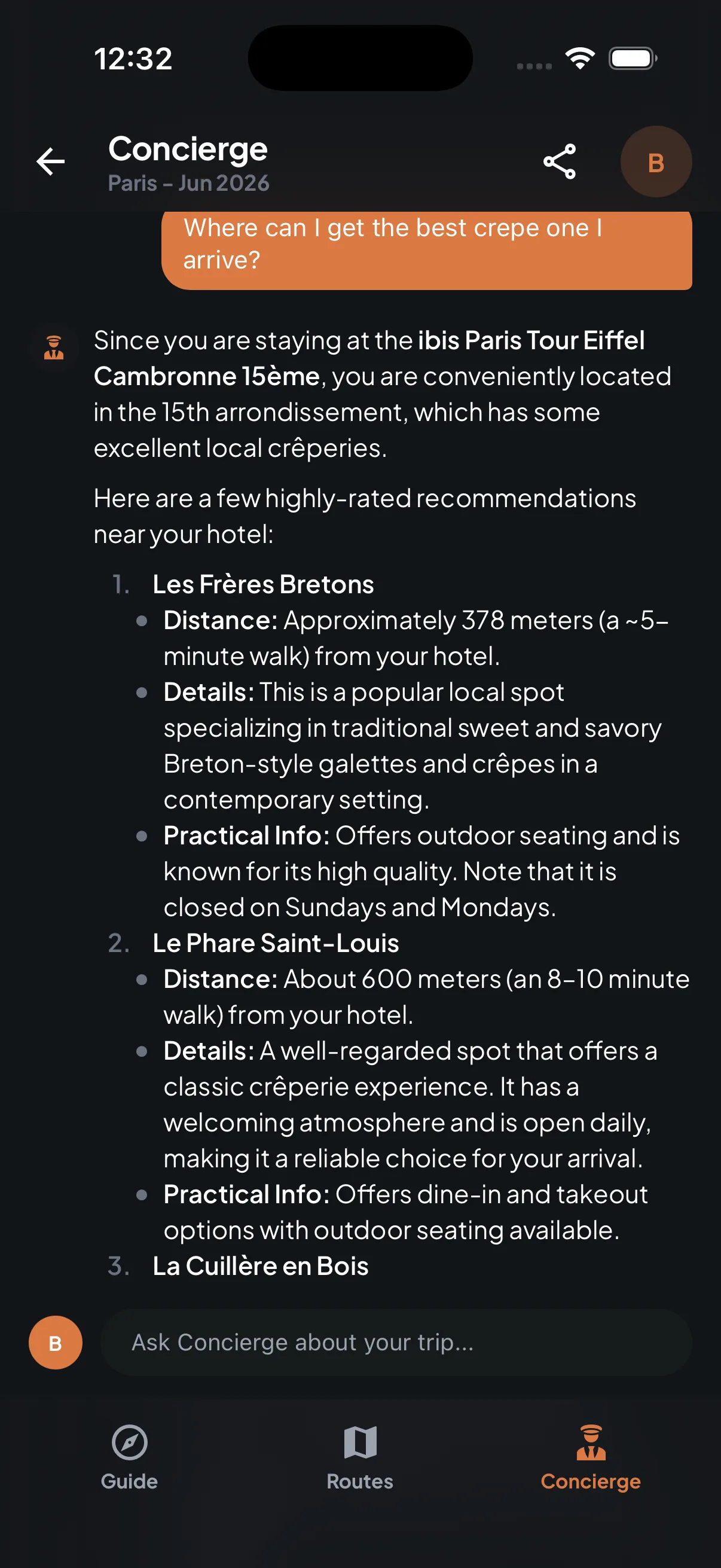 Trip7 concierge chat recommending nearby crêperies based on the user's hotel and location