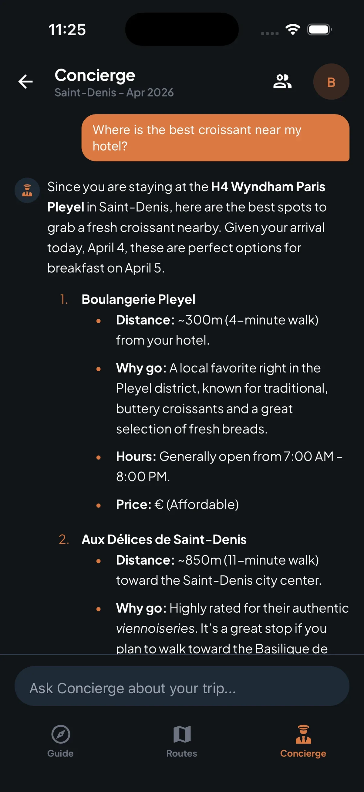Trip7 concierge chat answering a question about the best croissant near your hotel with location-aware recommendations