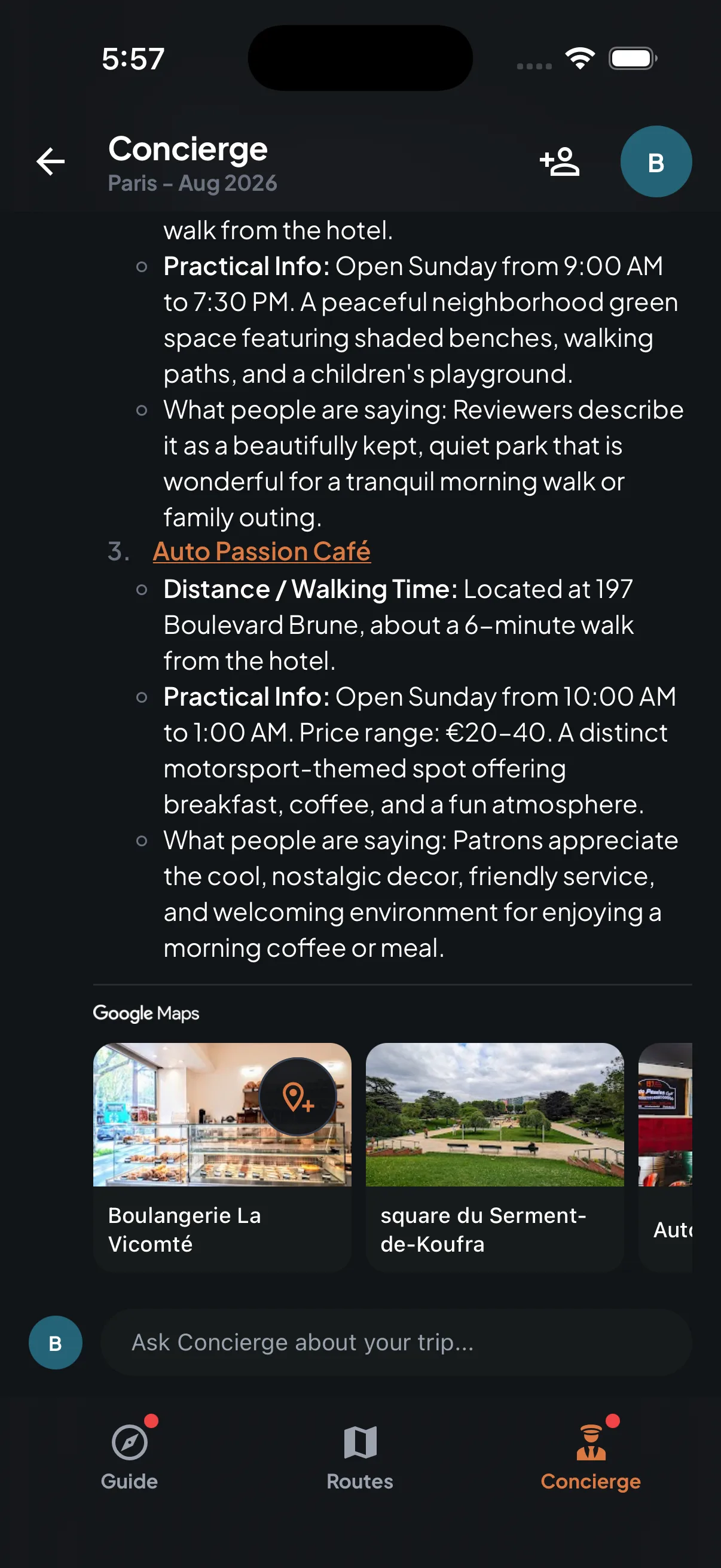 Trip7 concierge results showing walking times, opening hours, and prices for nearby places, with tappable map cards for each one