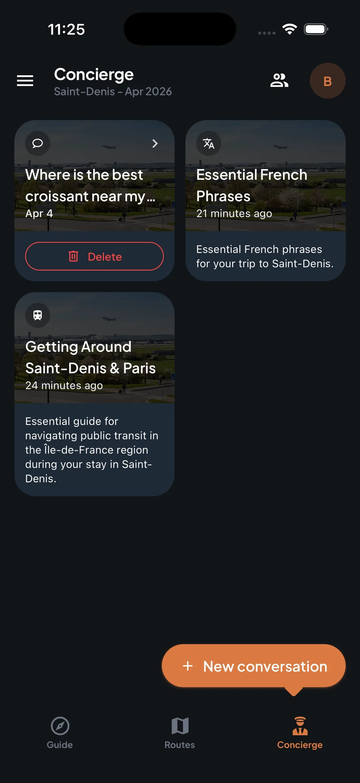 Trip7 concierge hub showing conversation cards for croissants, French phrases, and getting around Paris