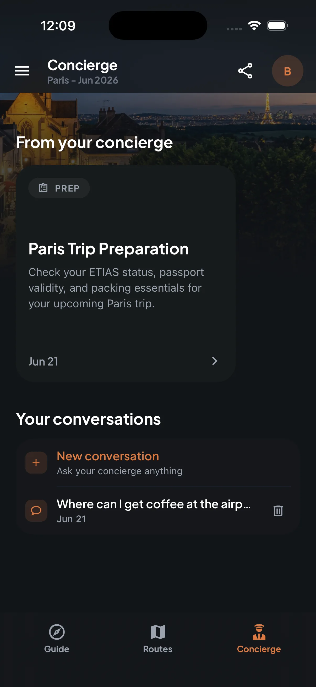 Trip7 concierge home with a trip-preparation card and a list of saved conversations