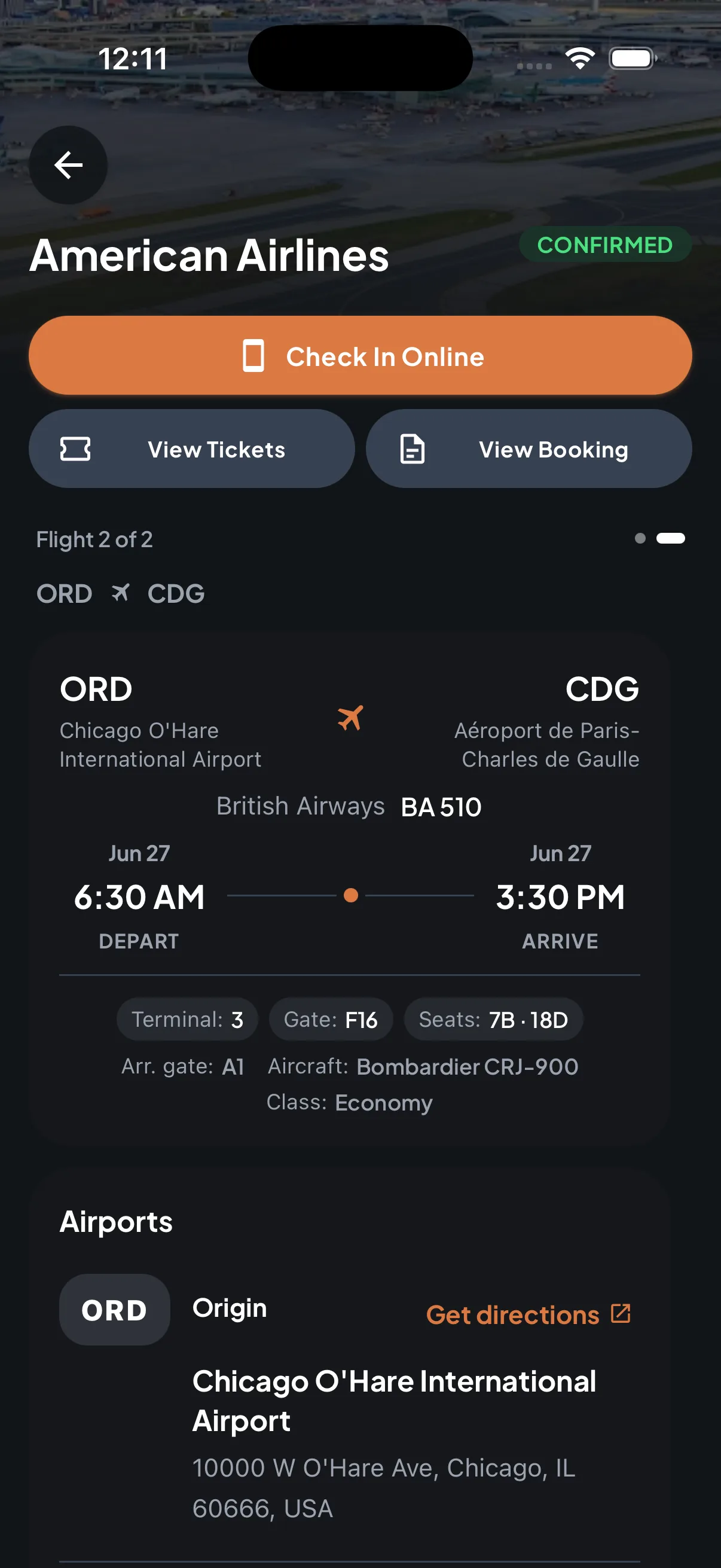 Trip7 flight detail for a confirmed American Airlines booking with check-in, tickets, gate, seats, and route