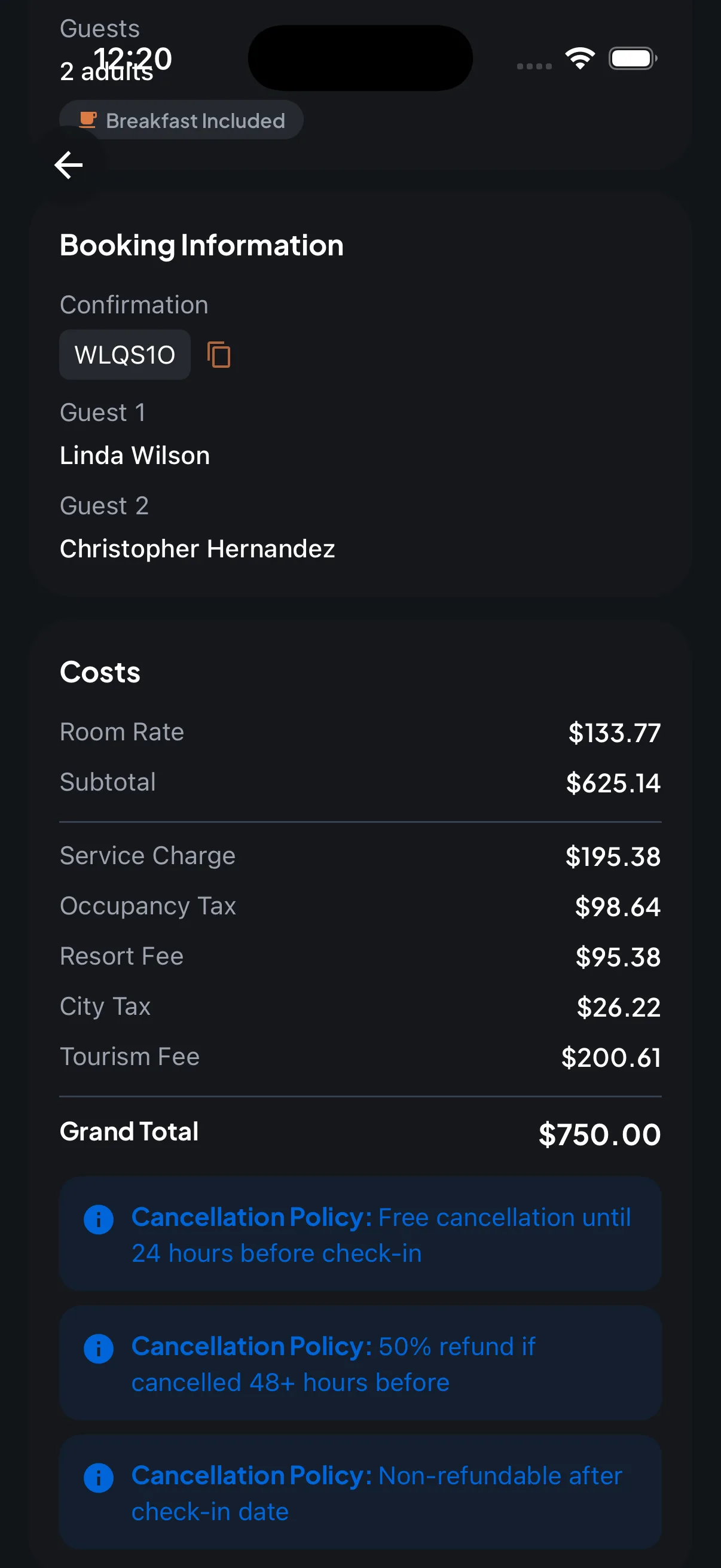 Trip7 booking detail showing confirmation number, guests, a full cost breakdown, and cancellation policy