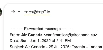 Gmail compose header showing a user forwarding a booking email to trips@trip7.io