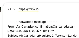 Gmail compose header showing a user forwarding an email to trips@trip7.io