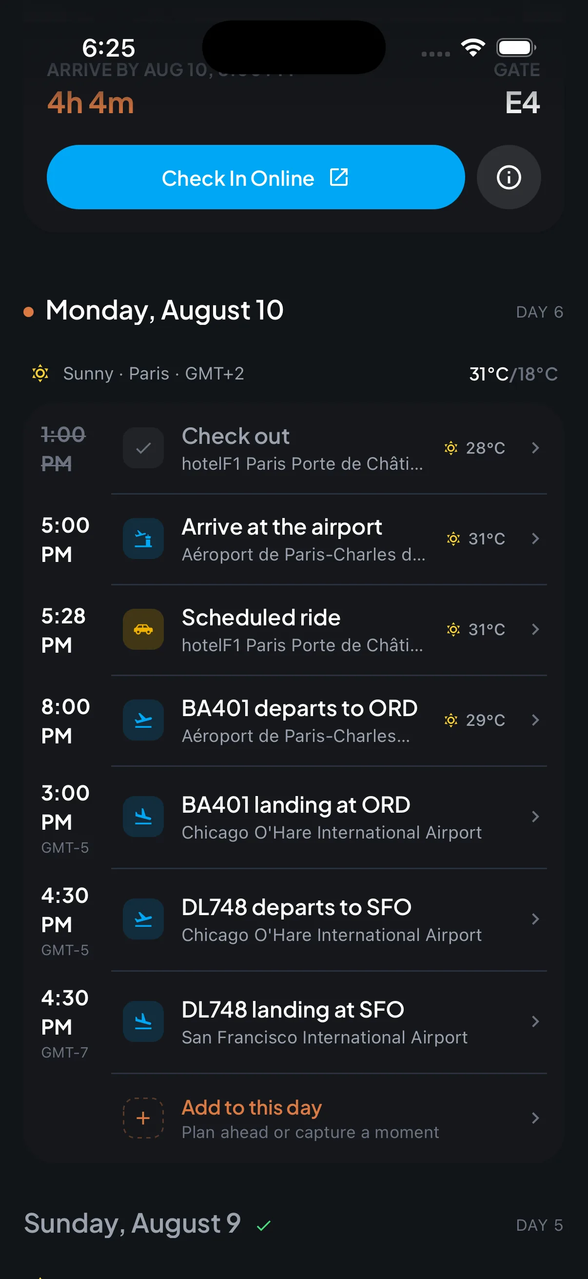 Trip7 plan for a travel day showing hotel check-out, airport arrival, a scheduled ride, and two connecting flights across three time zones