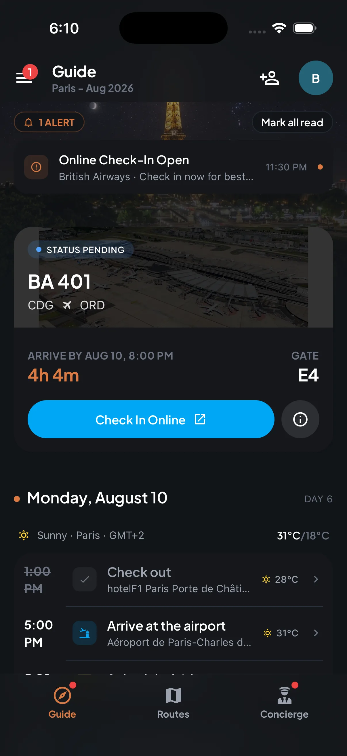 Trip7 flight card for British Airways 401 from Paris to Chicago showing gate E4, time until departure, and an online check-in button