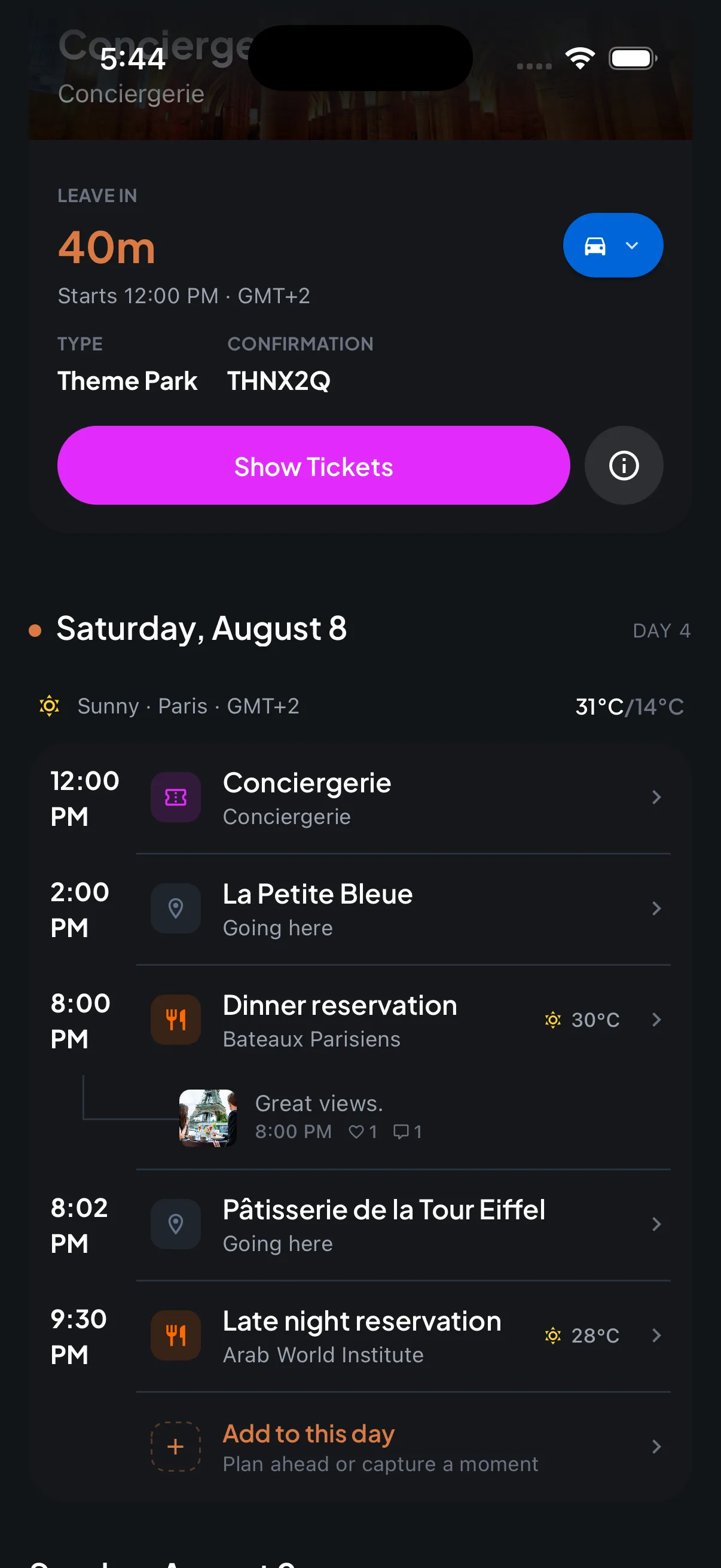 Trip7 day-by-day plan for a day in Paris listing a timed entry, a lunch stop, a dinner reservation, and a late-night booking