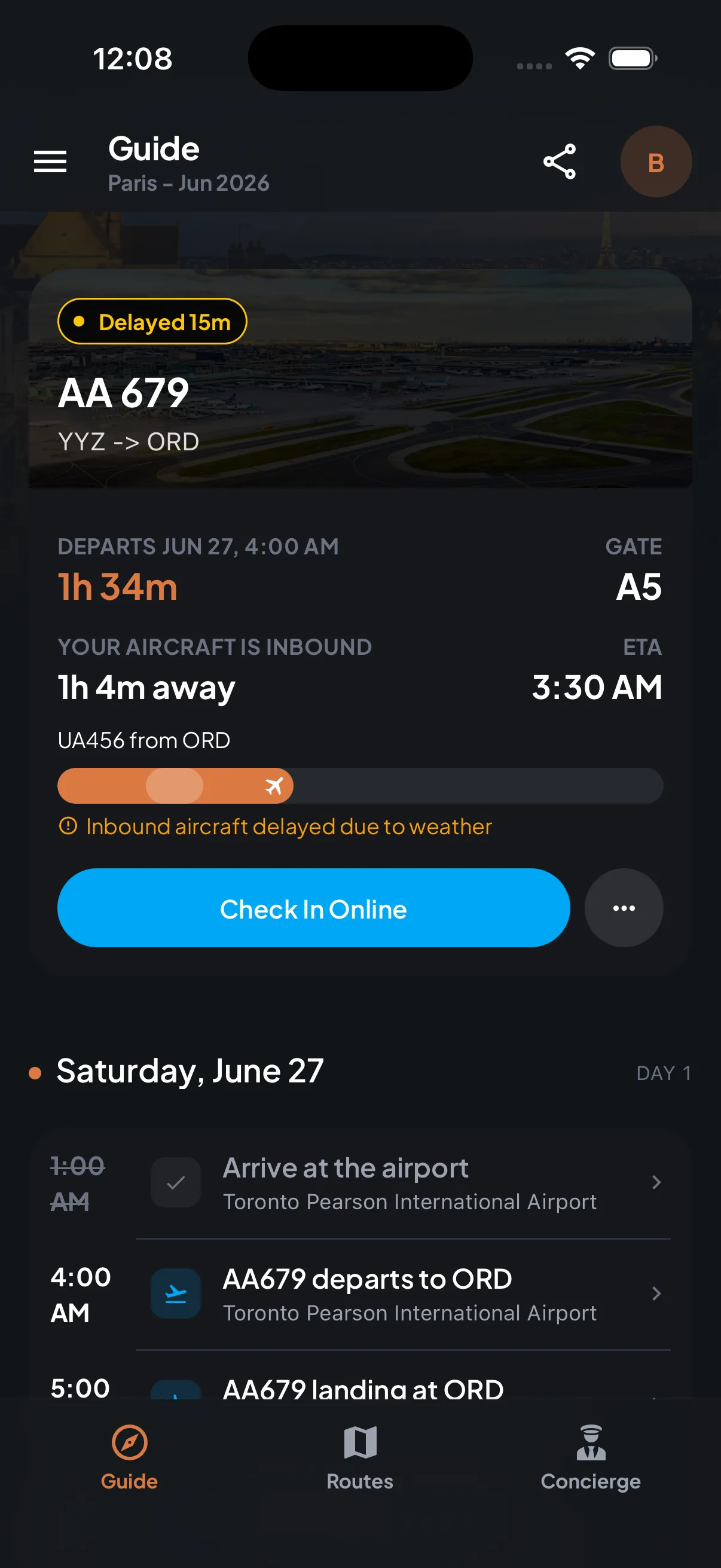 Trip7 guide home showing a live 15-minute flight delay with gate, departure countdown, and the day's timeline