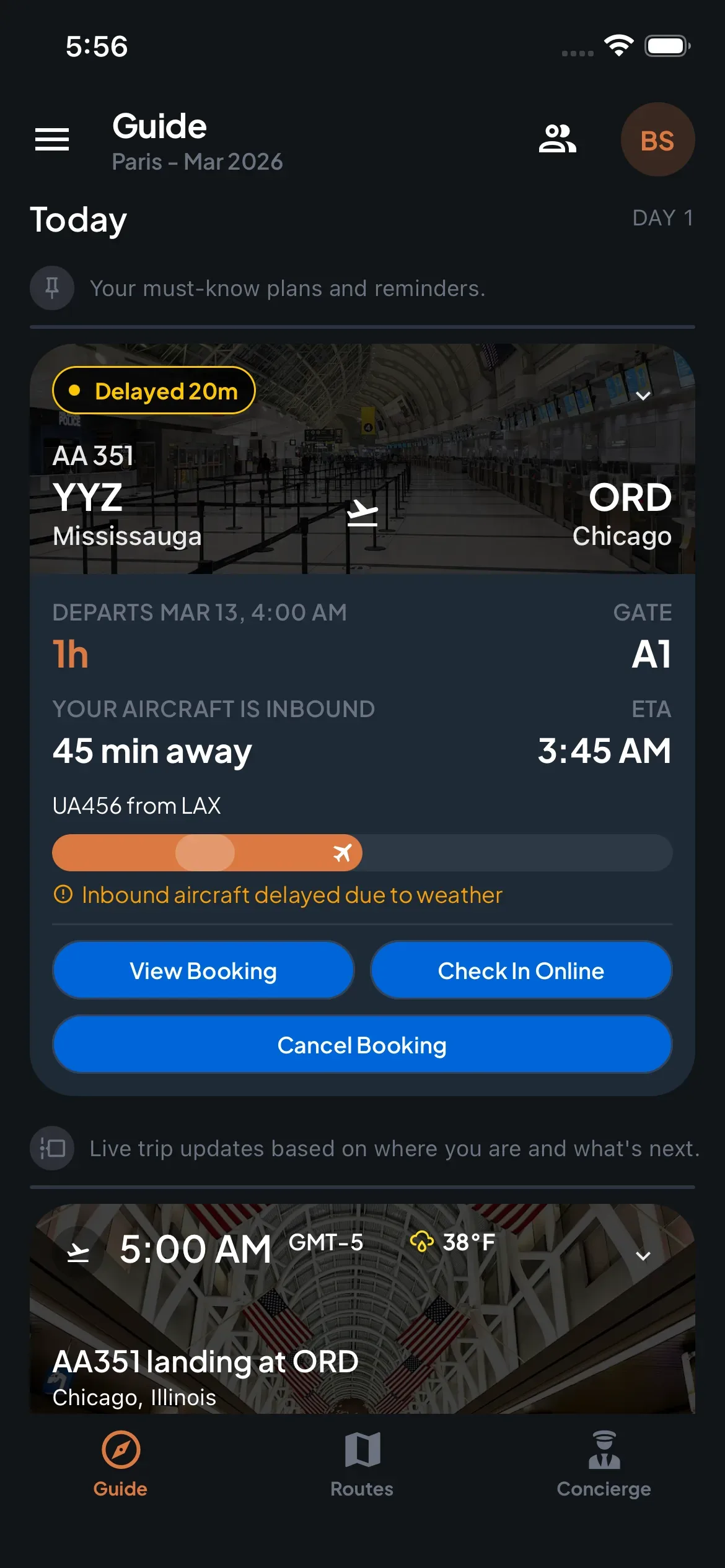 Trip7 guide showing a delayed flight with gate info, inbound aircraft tracking, and real-time ETA