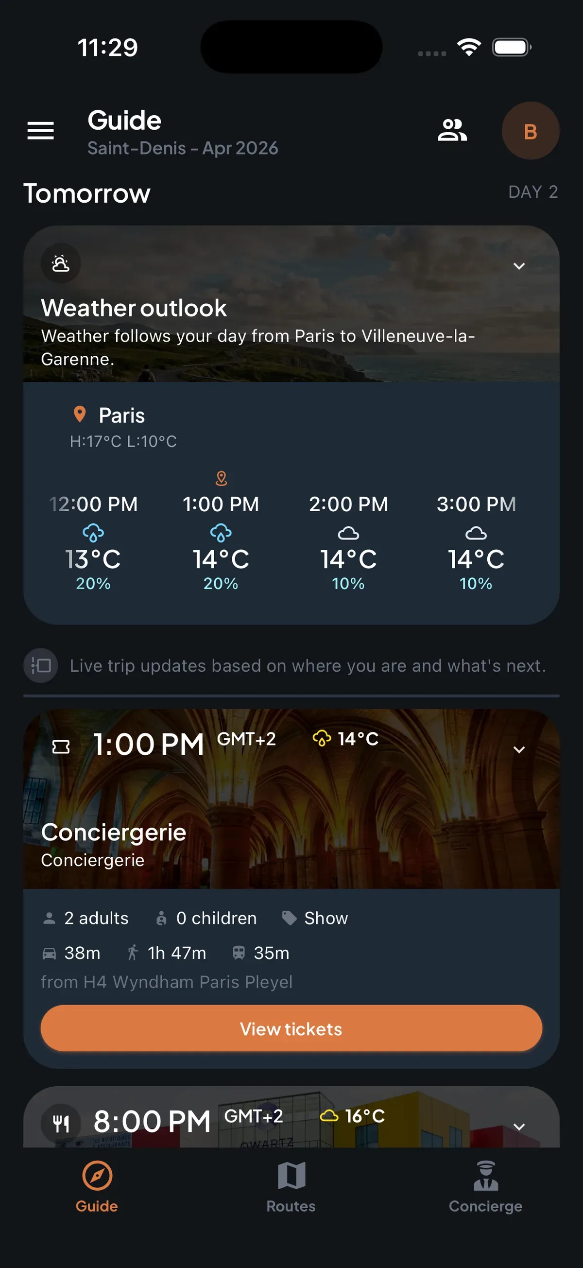 Trip7 guide showing weather outlook for Paris and upcoming scheduled activities