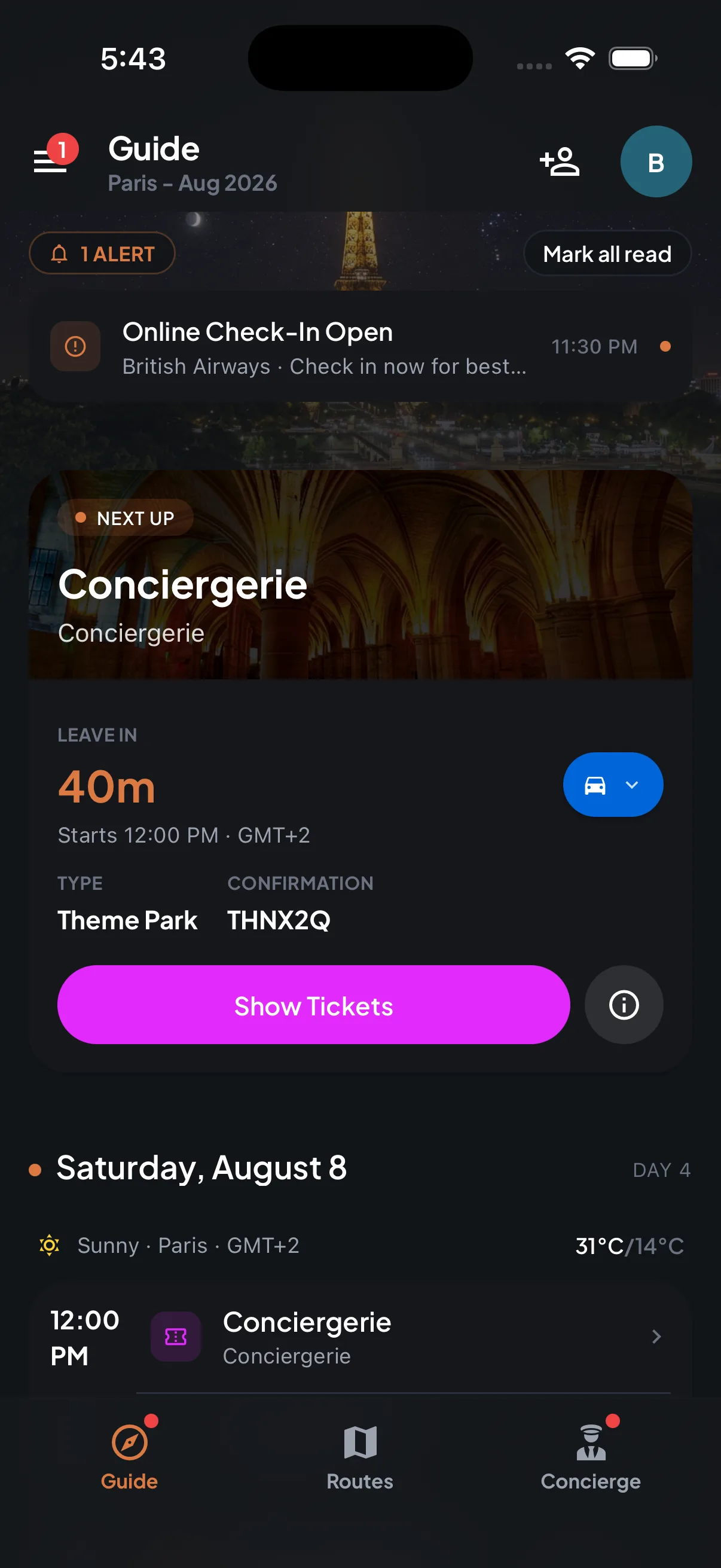 Trip7 guide home showing the next booking with a leave-in-40-minutes countdown, ticket button, and the day's plan below