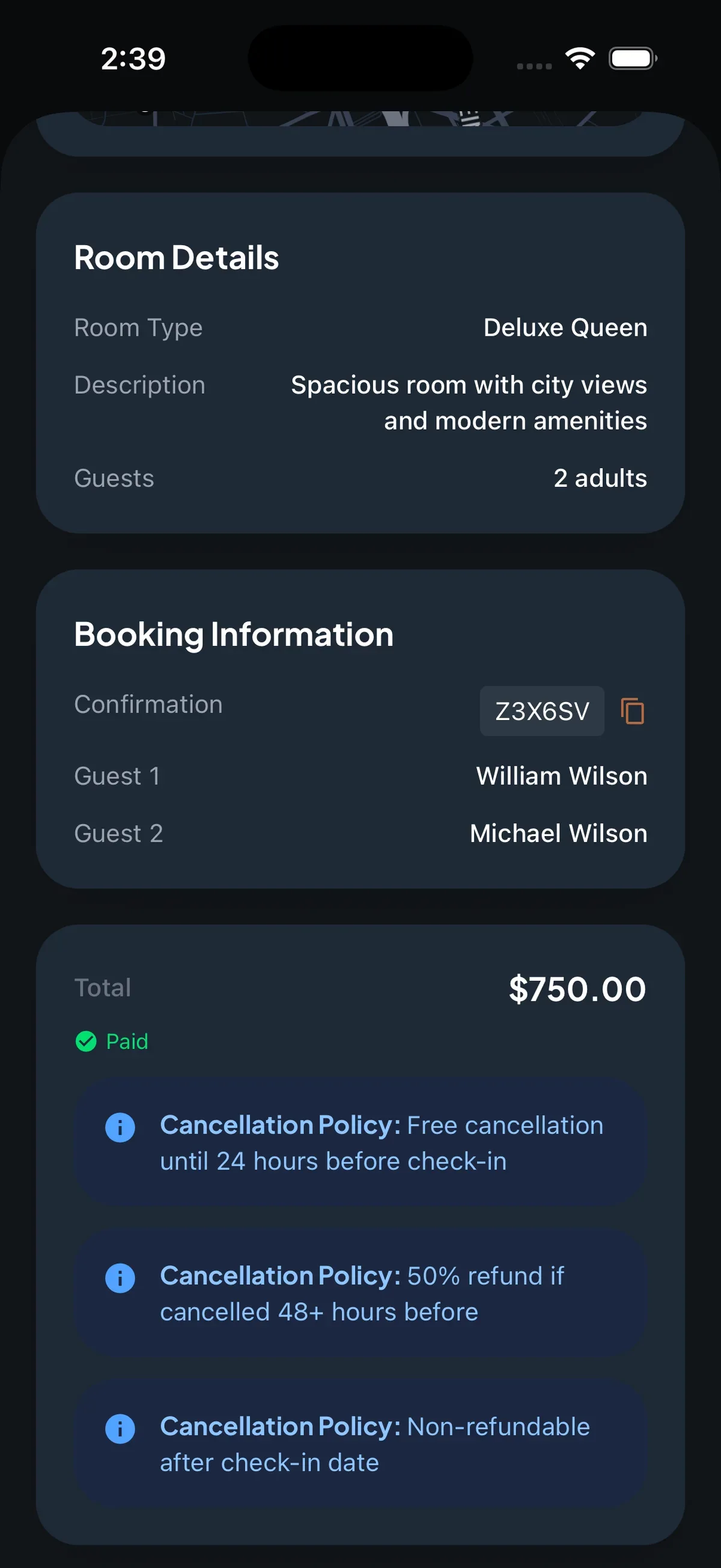Trip7 hotel detail view with room and booking details for the active stay