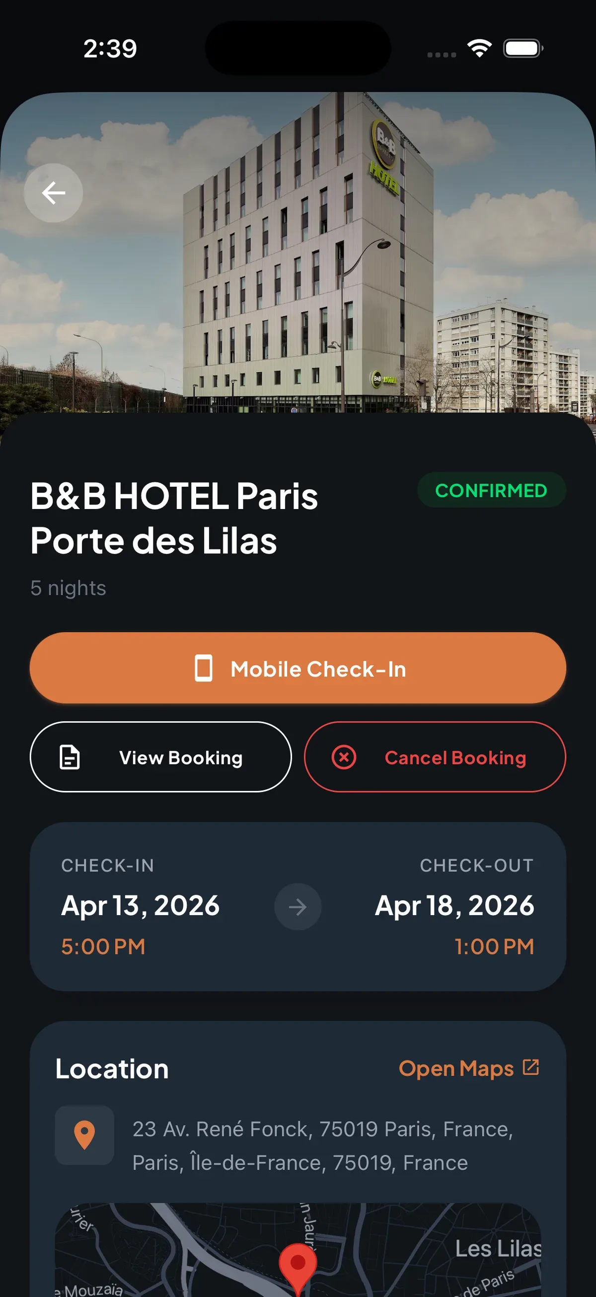 Trip7 hotel detail view showing stay details, address, and reservation information