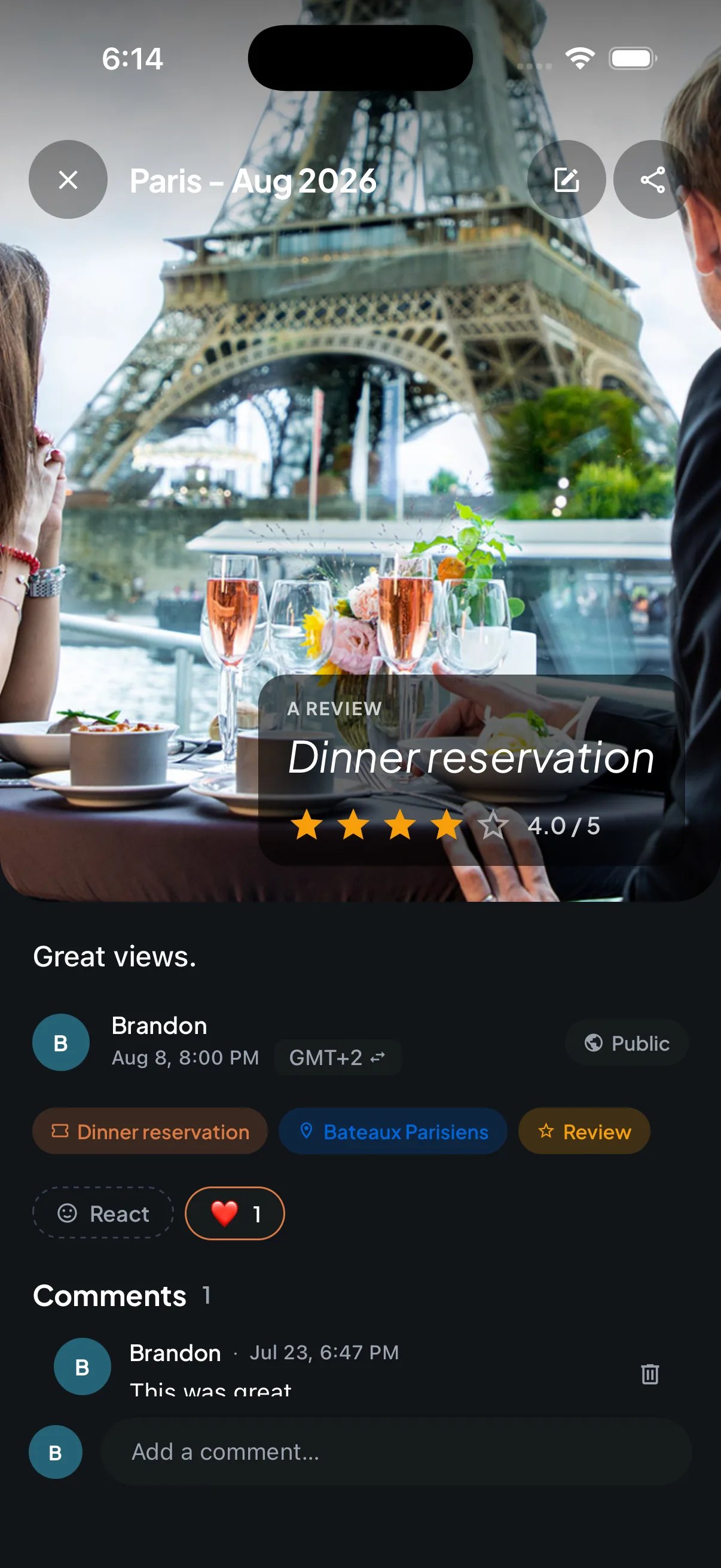 A Trip7 journal entry with a photo of dinner by the Eiffel Tower, a four-star review, a note reading Great views, and a comment from family