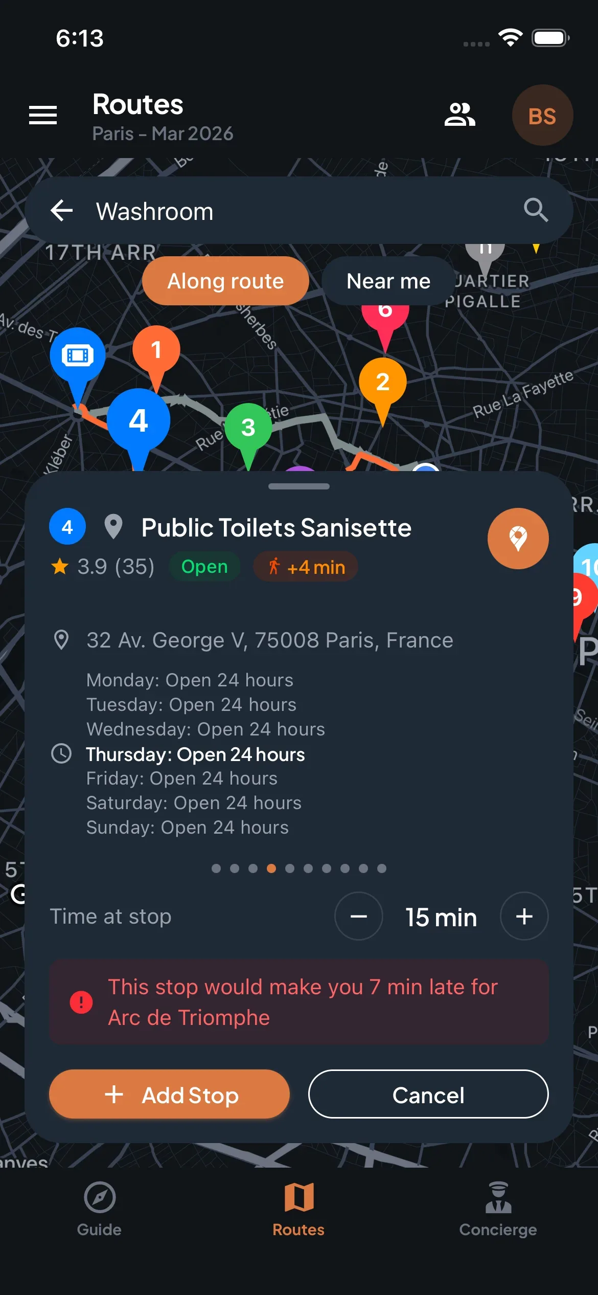 Trip7 routes map showing nearby stops along your route with time-impact warnings