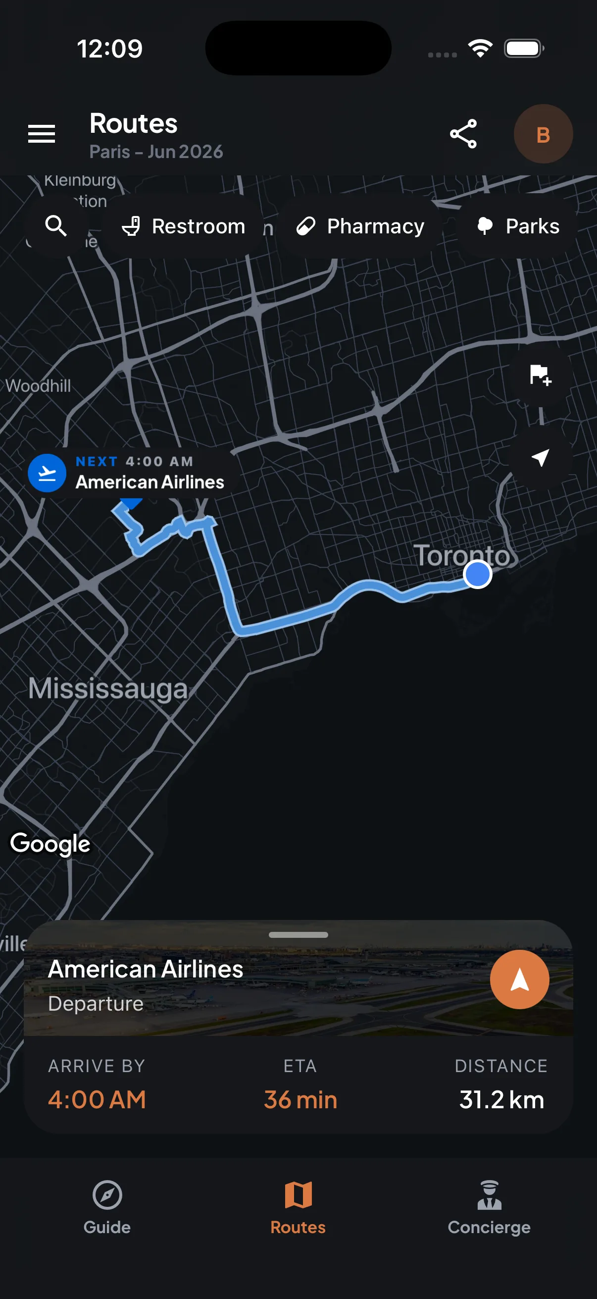 Trip7 route map showing a drive to the airport with arrive-by time, ETA, and distance