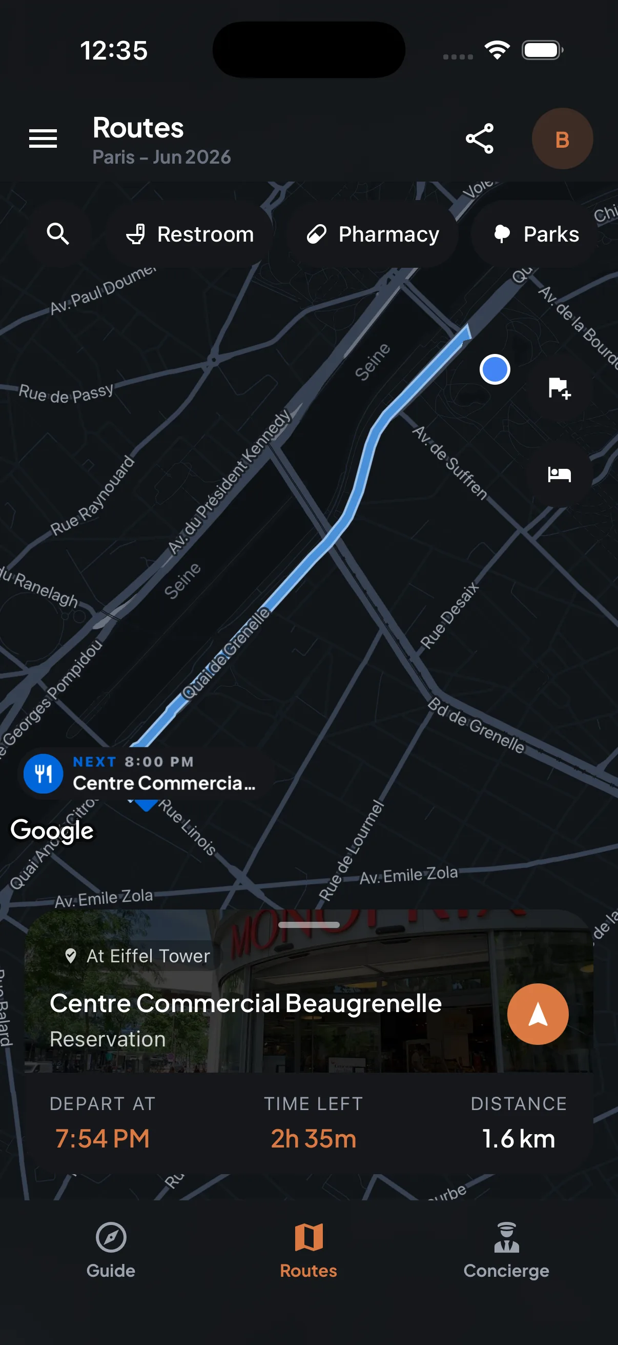 Trip7 route map with a depart-at time, time left, and distance to the next reservation