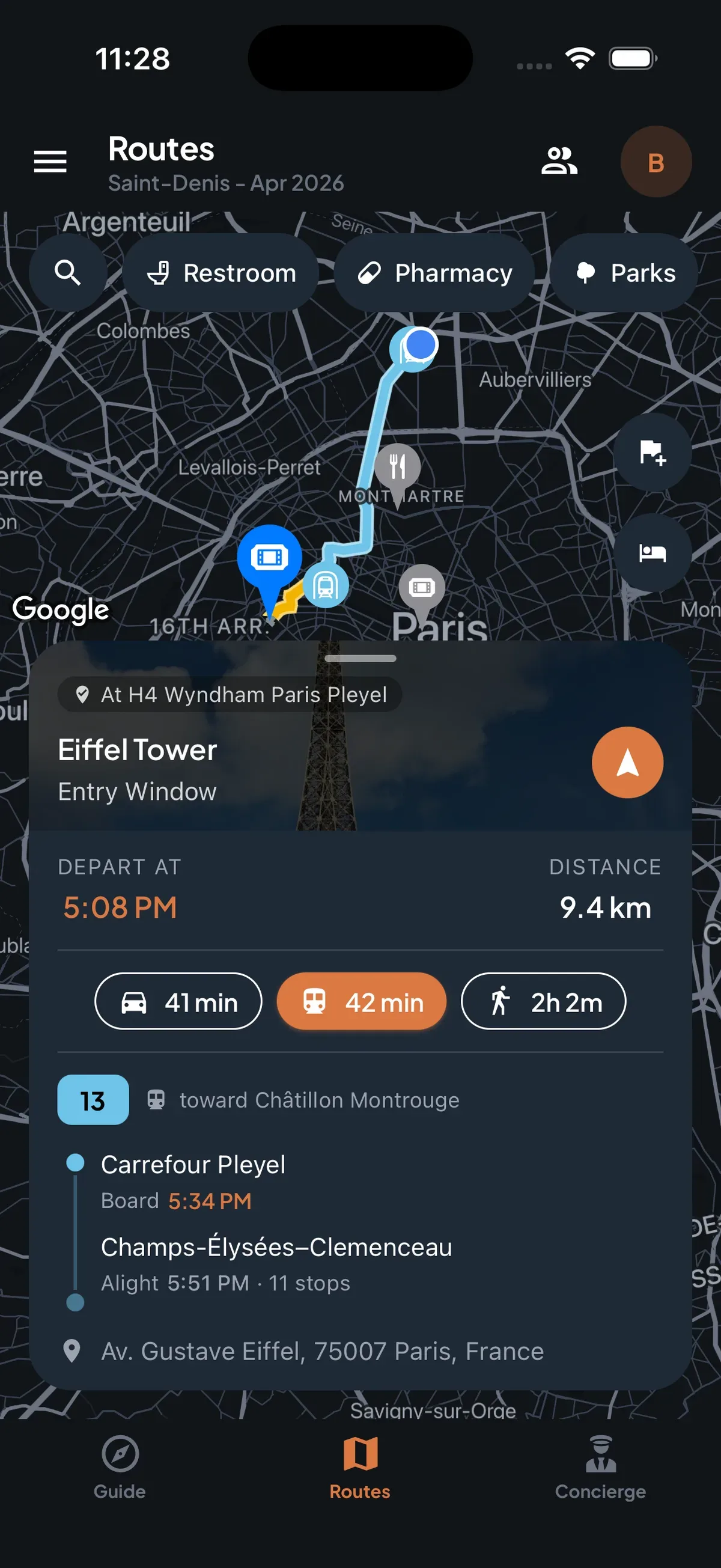 Trip7 route planner showing departure timing and transit options to Eiffel Tower