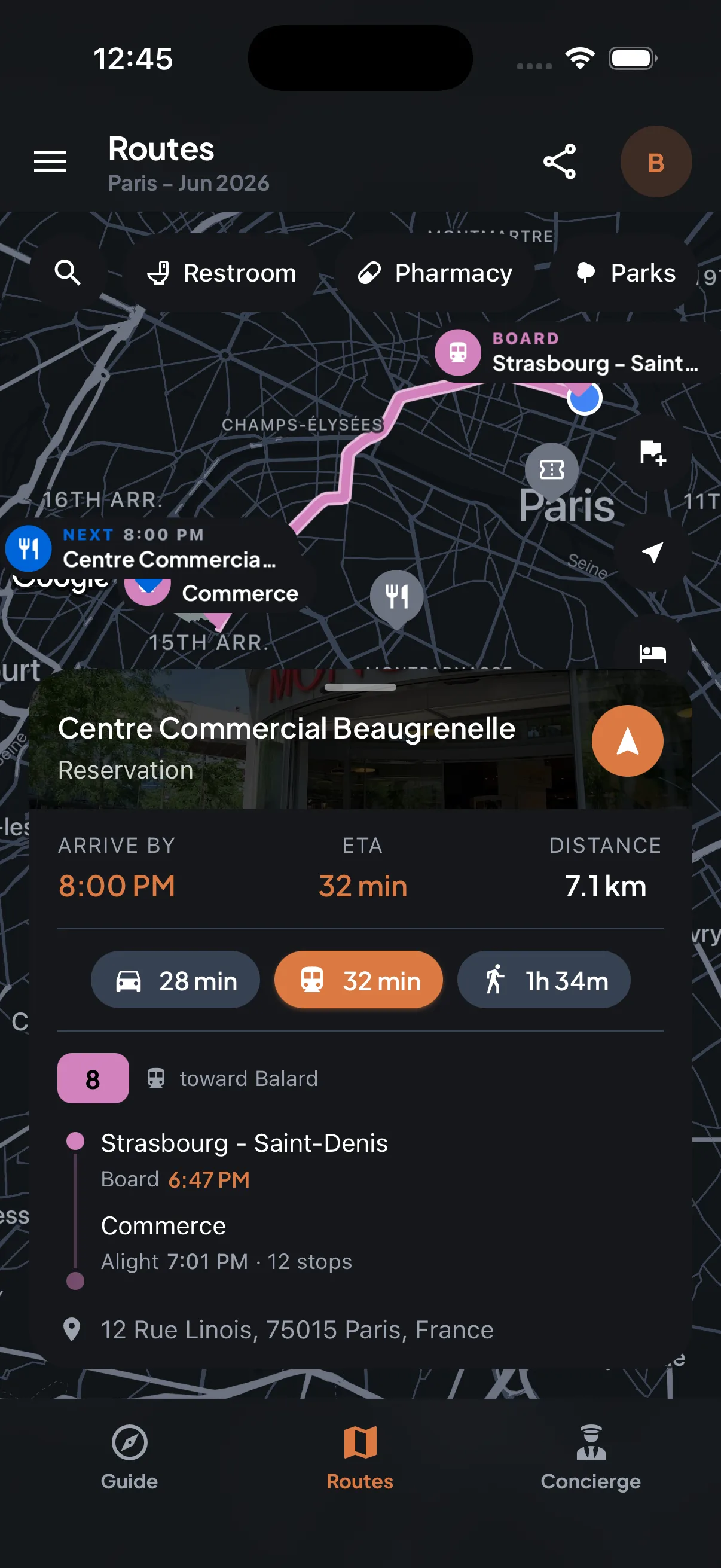 Trip7 route map comparing drive, transit, and walking options with step-by-step transit directions
