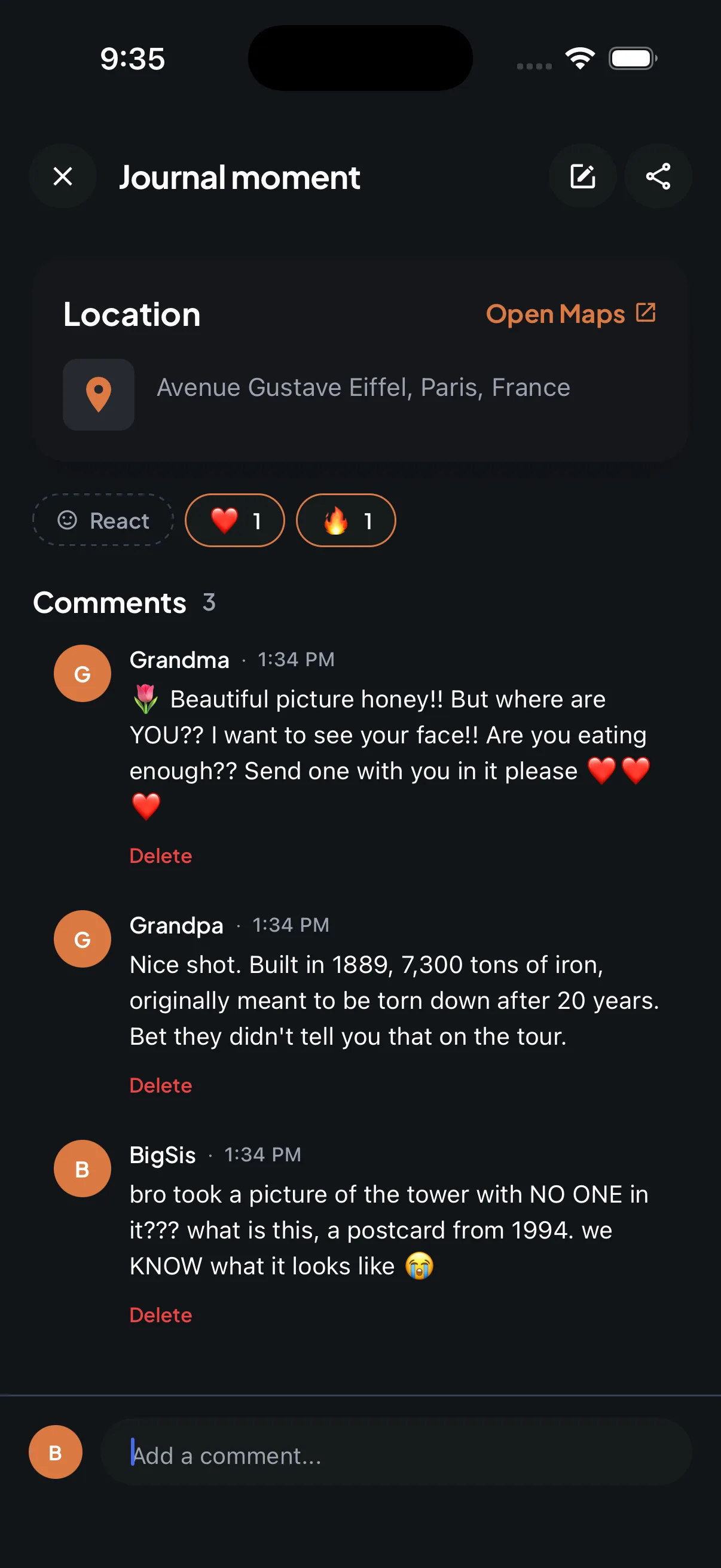 Trip7 journal moment showing comments and reactions from family followers back home