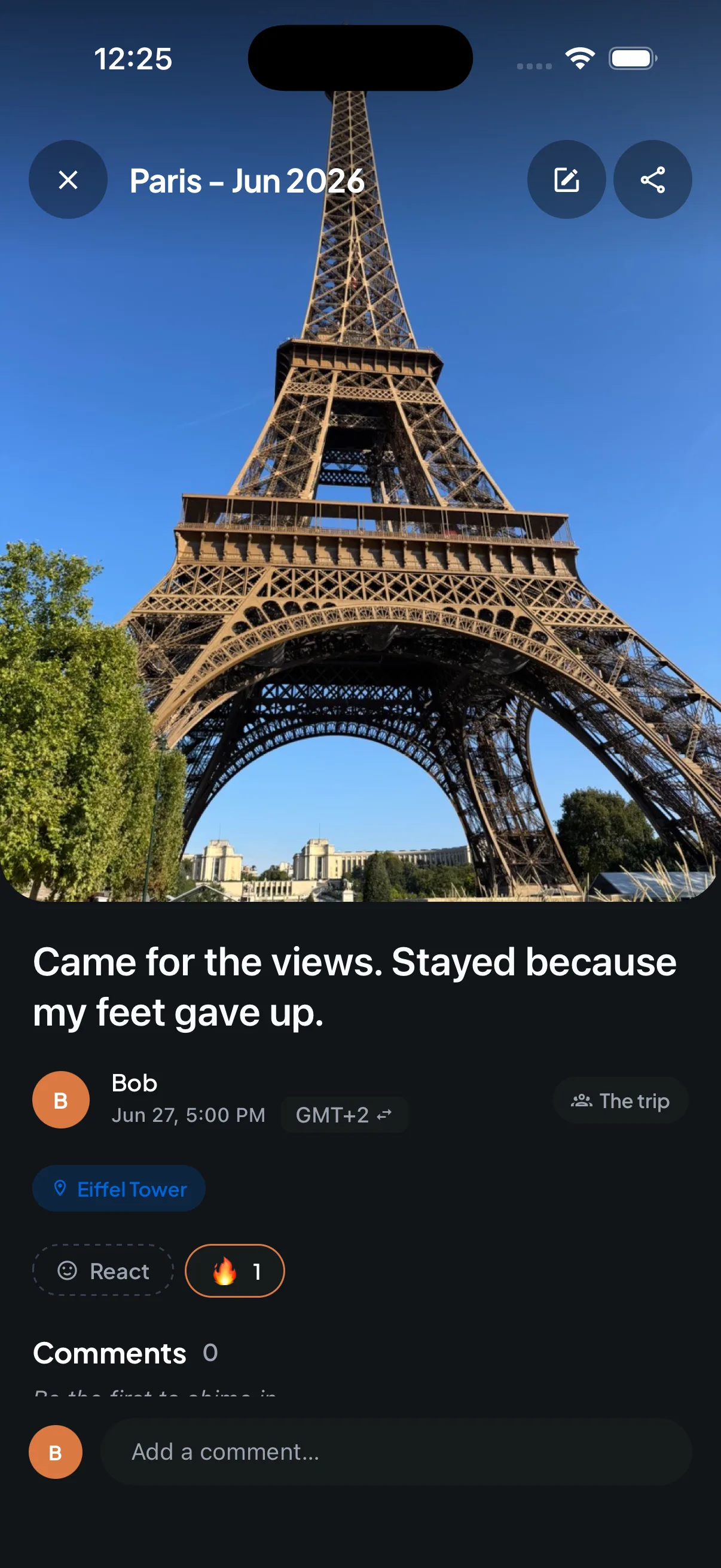 Trip7 journal moment with a photo at the Eiffel Tower, caption, timestamp, and location tag
