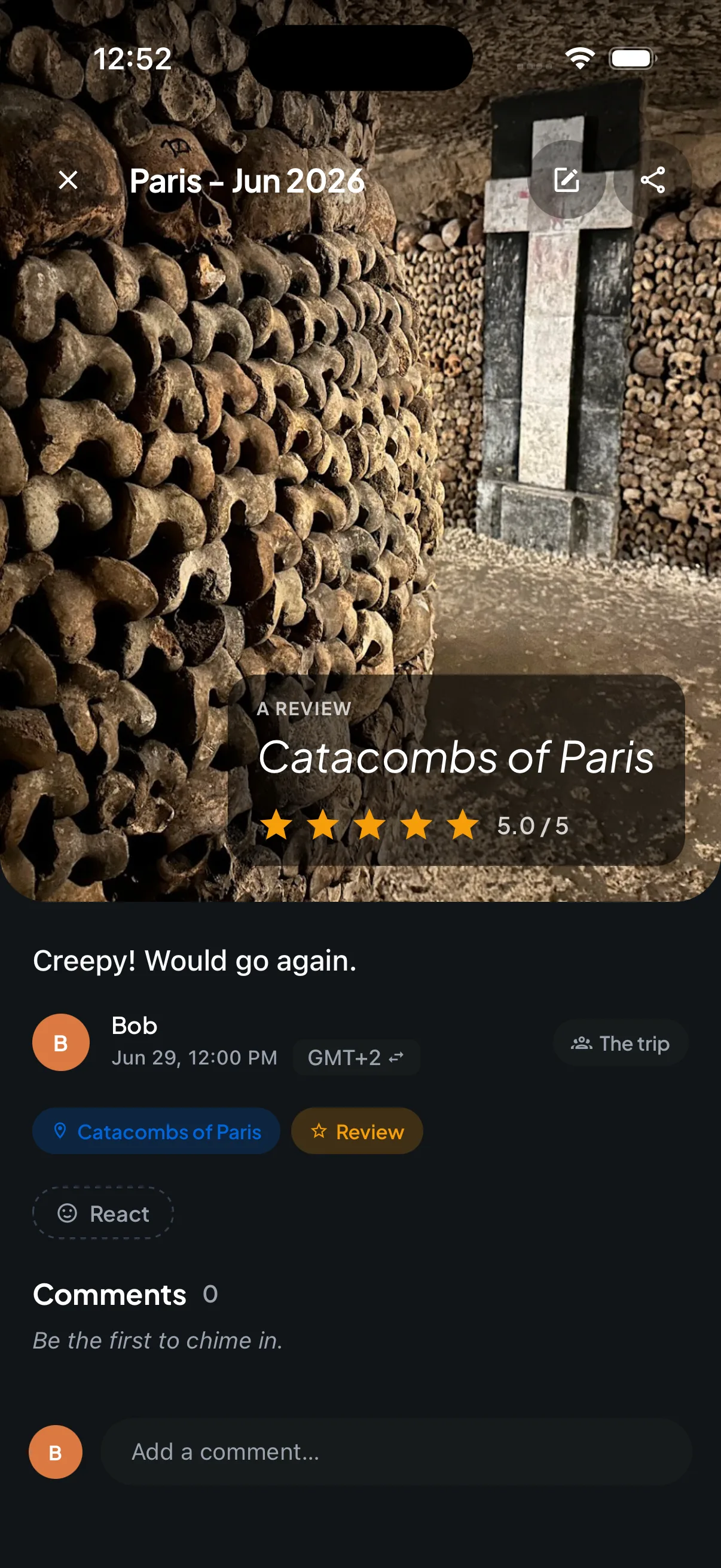 Trip7 new moment composer with a five-star review of Sainte-Chapelle and a place tag