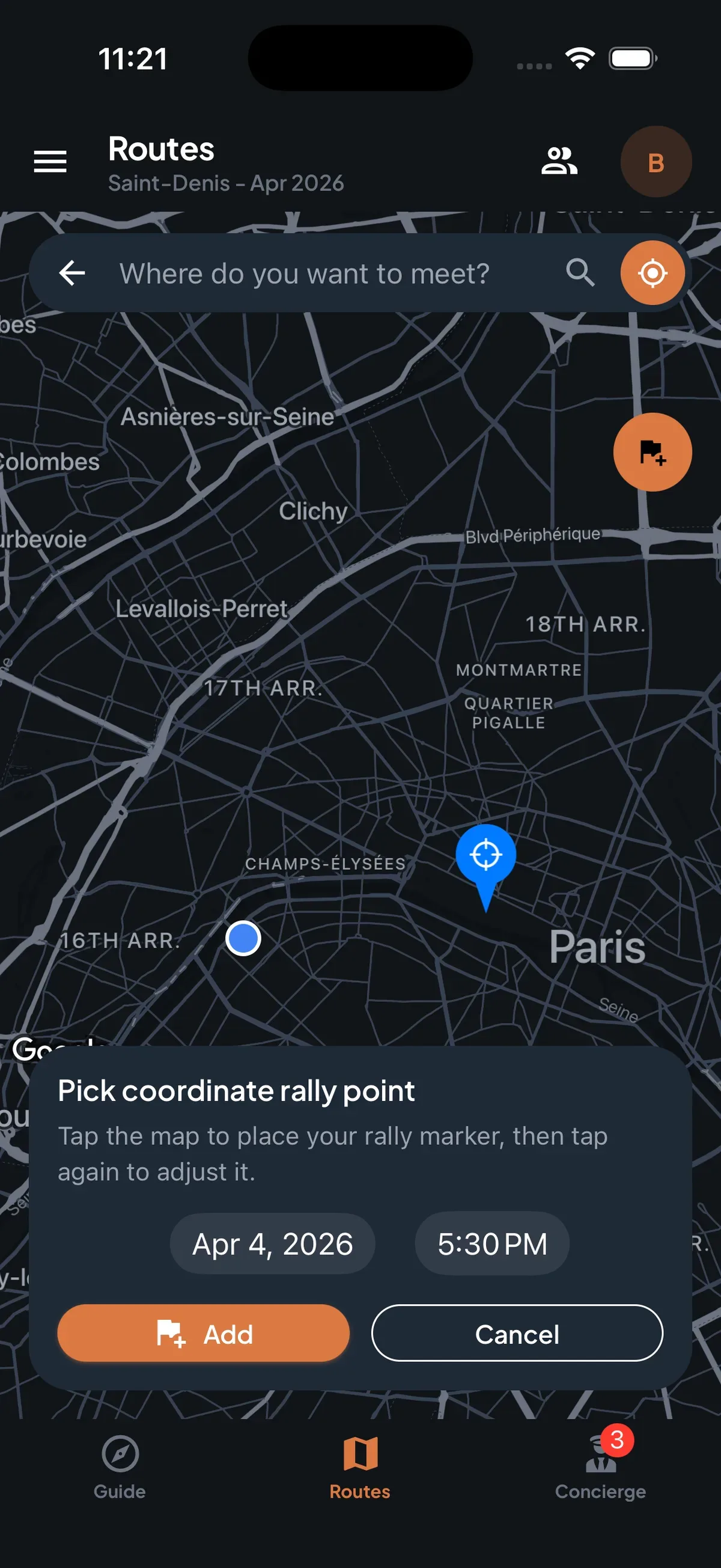 Trip7 rally point picker for setting a group meetup location and time on a map