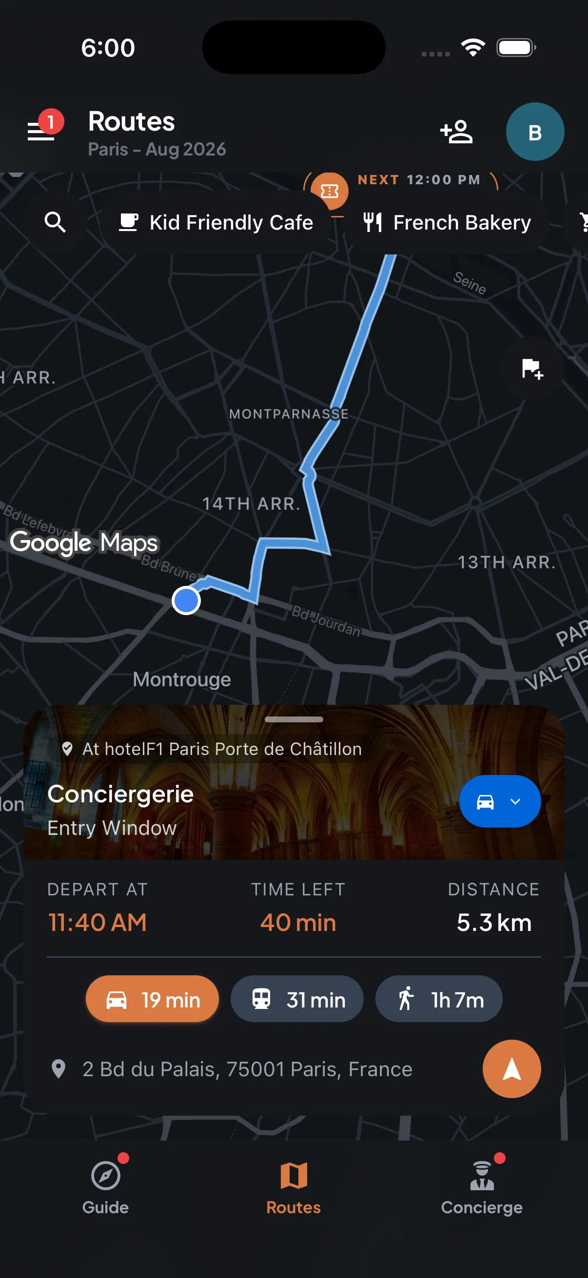 Trip7 route map showing when to leave for the next booking, with driving, transit, and walking times side by side and quick searches for a cafe or bakery nearby