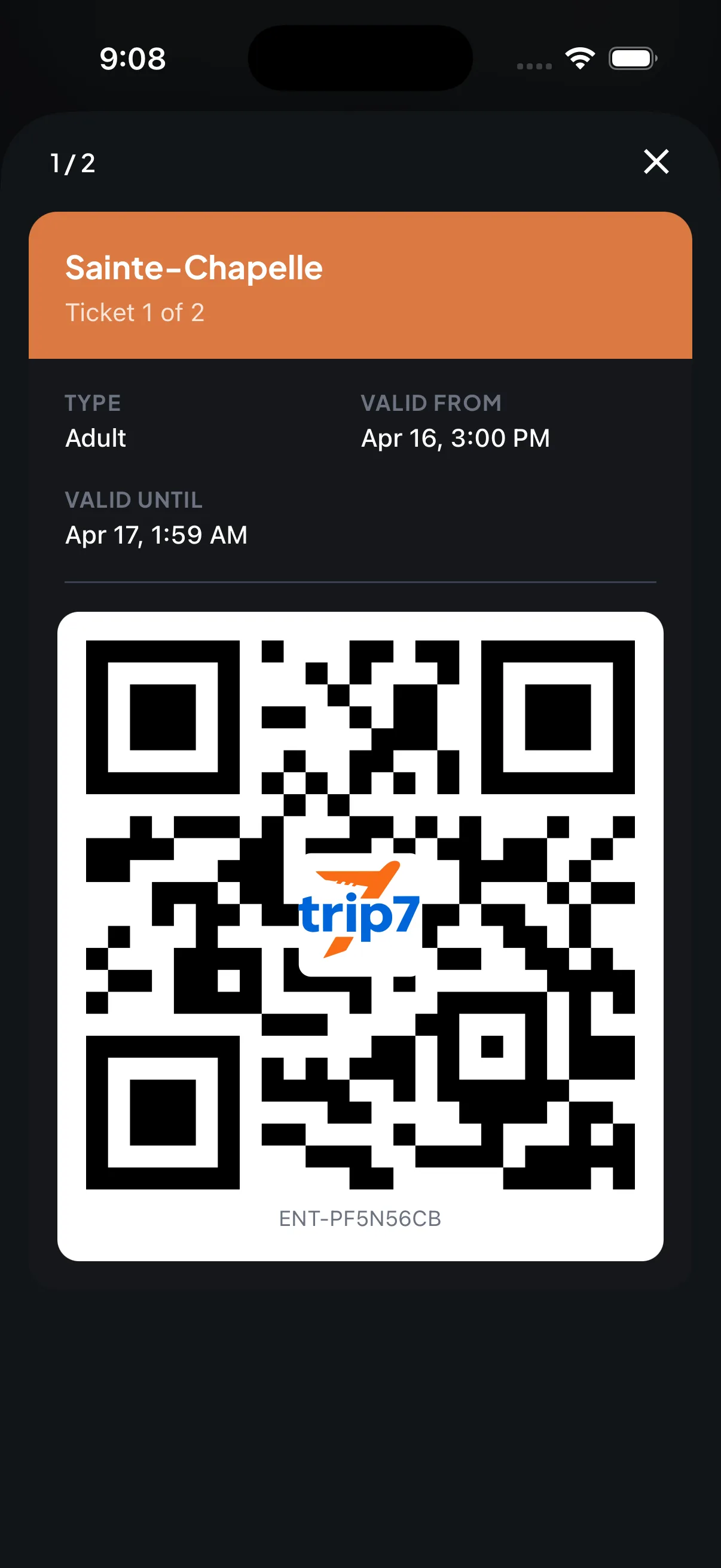 Trip7 digital ticket for Sainte-Chapelle with QR code and validity window