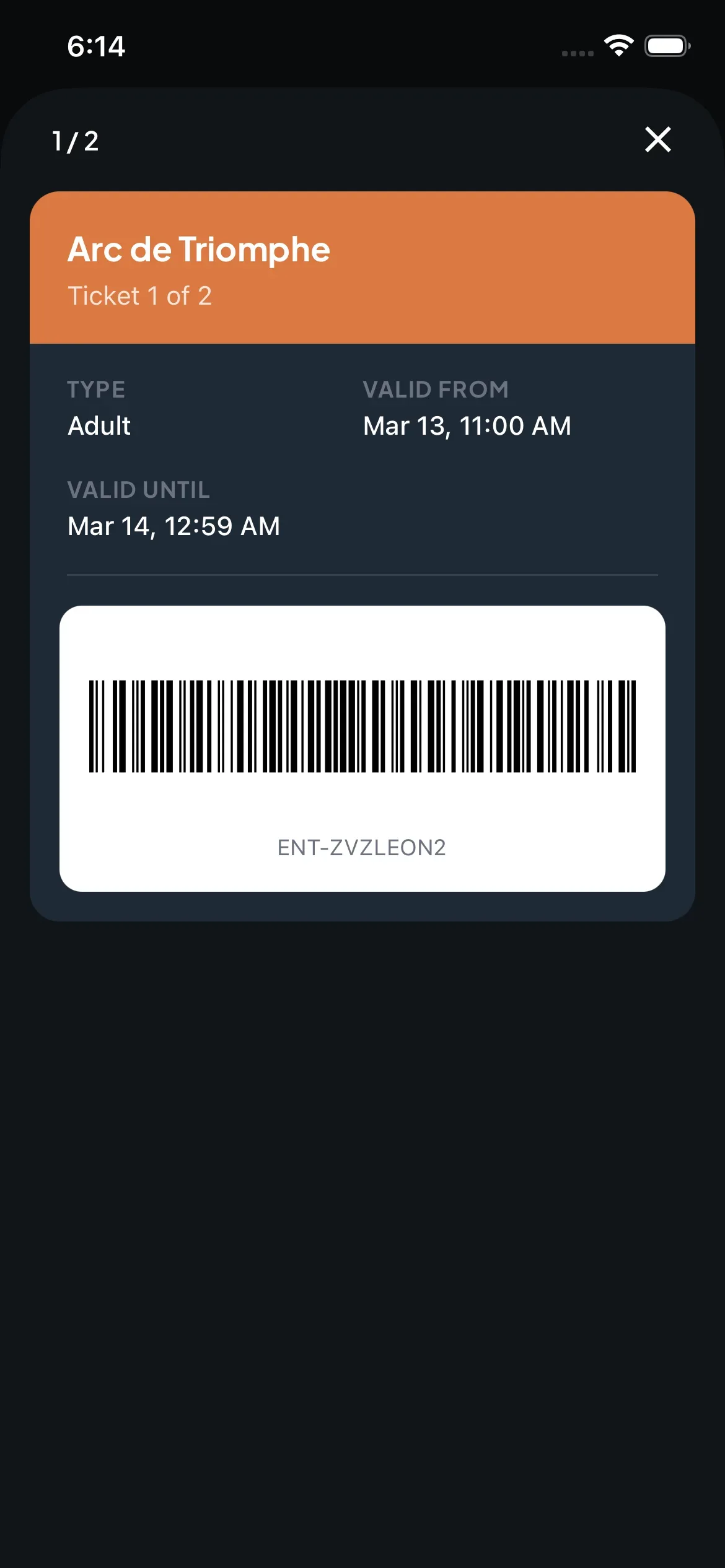 Trip7 digital ticket for Arc de Triomphe with barcode and validity details