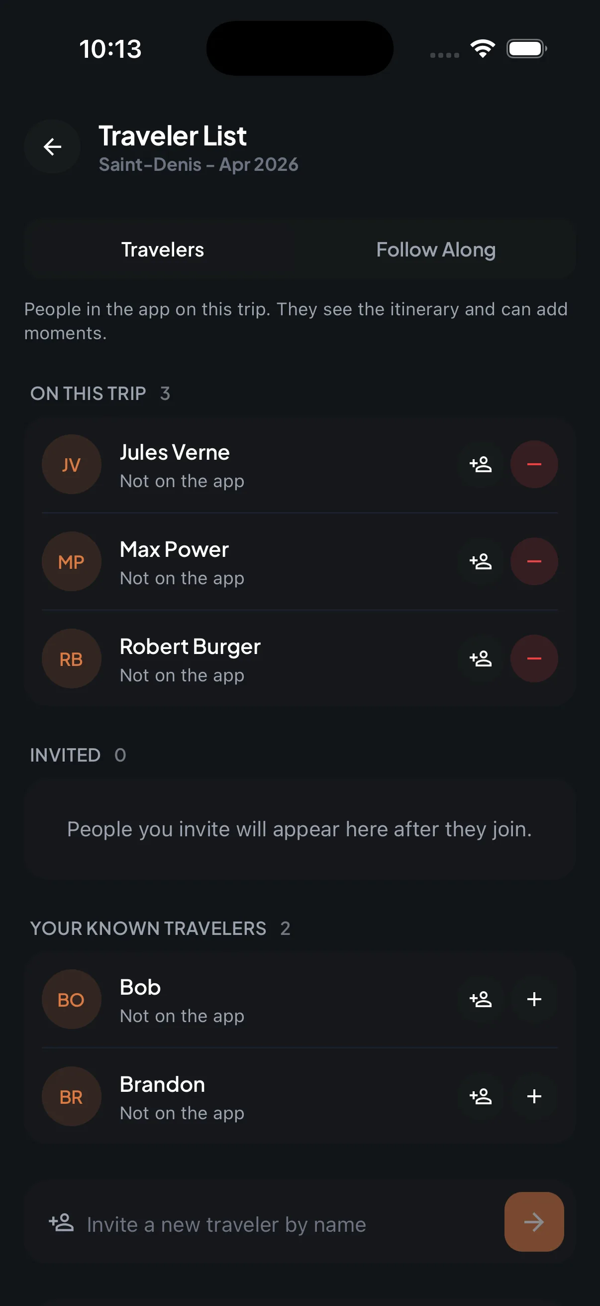Trip7 traveler list showing group members, invite controls, and a shareable trip web link