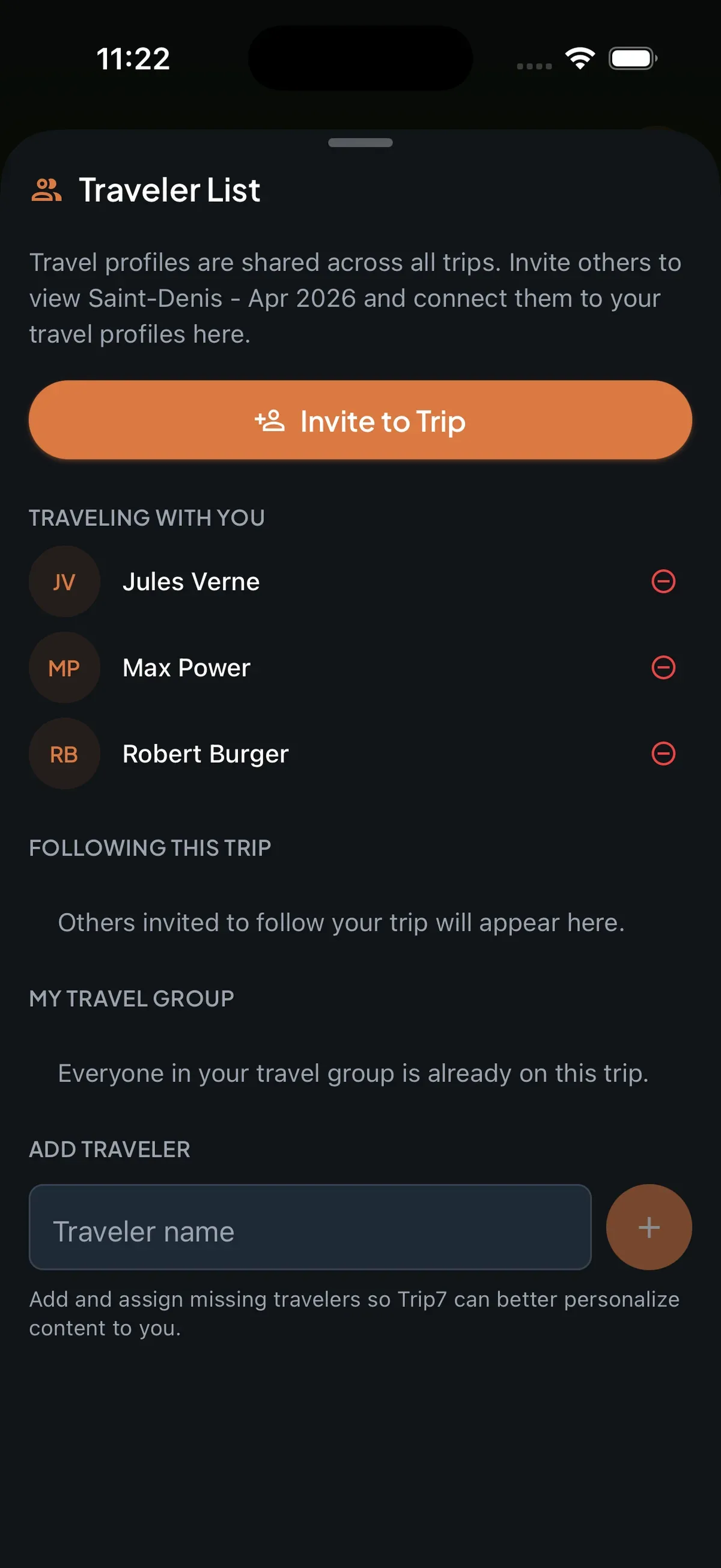 Trip7 traveler list showing group members and invite functionality for sharing a trip