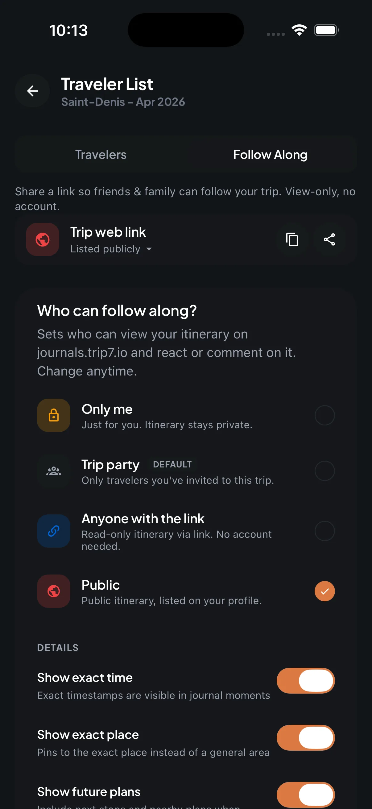 Trip7 share sheet for sending a trip's web link so everyone can follow the same itinerary