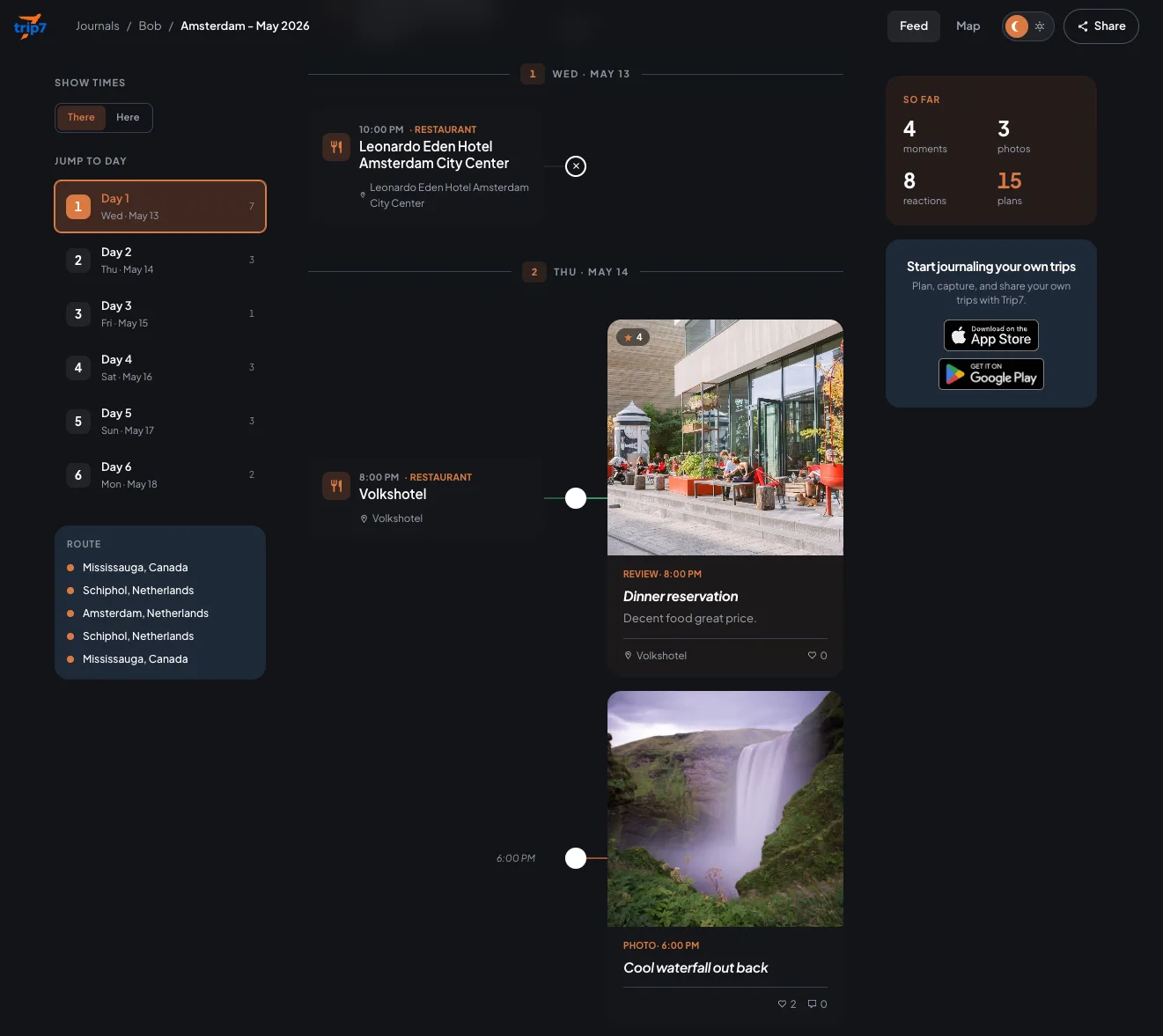 Trip7 trip shared on the web: a day-by-day Amsterdam itinerary with hotel, reservations, and journal moments in a browser