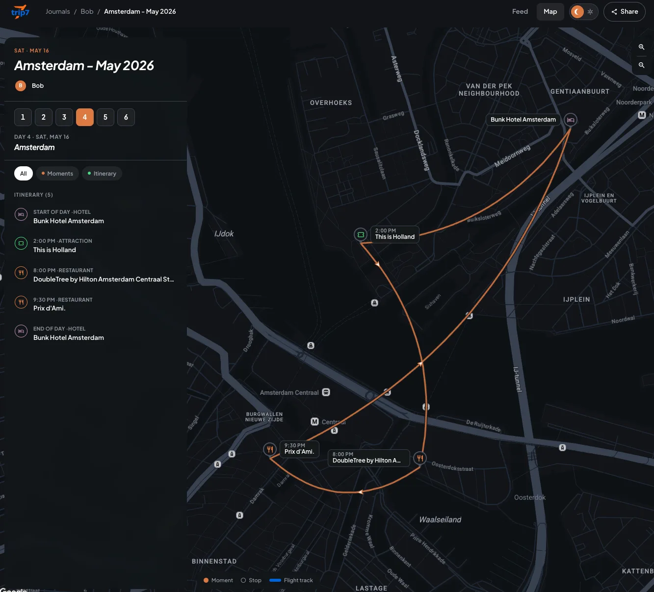 Trip7 shared trip map on the web showing the day's route across Amsterdam with timed stops