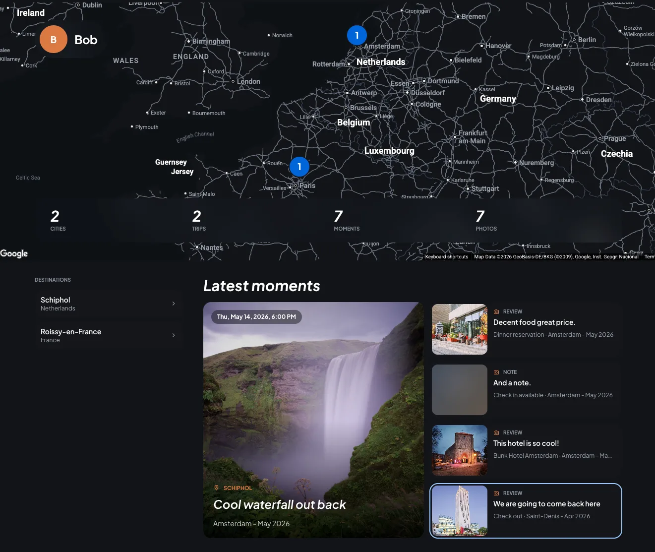 A public Trip7 travel profile on the web with a map of countries visited and a feed of latest moments