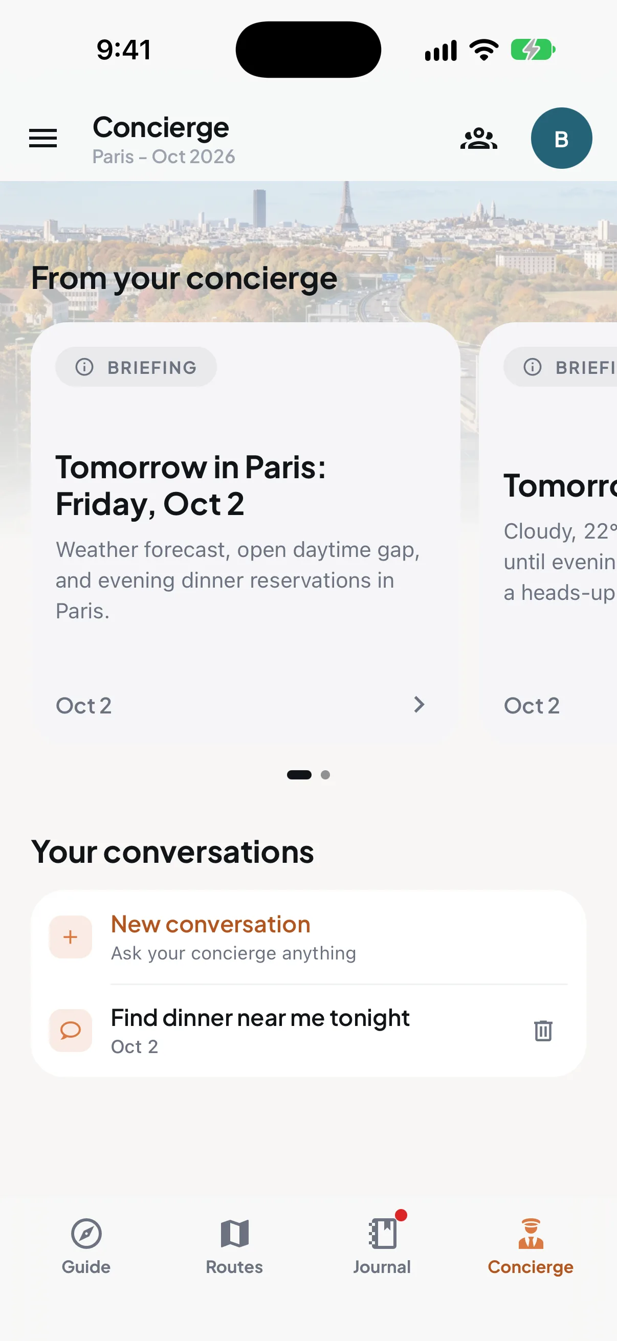 Trip7 concierge home with a briefing card, Tomorrow in Paris: Friday, Oct 2, covering the weather forecast, an open daytime gap, and evening dinner reservations