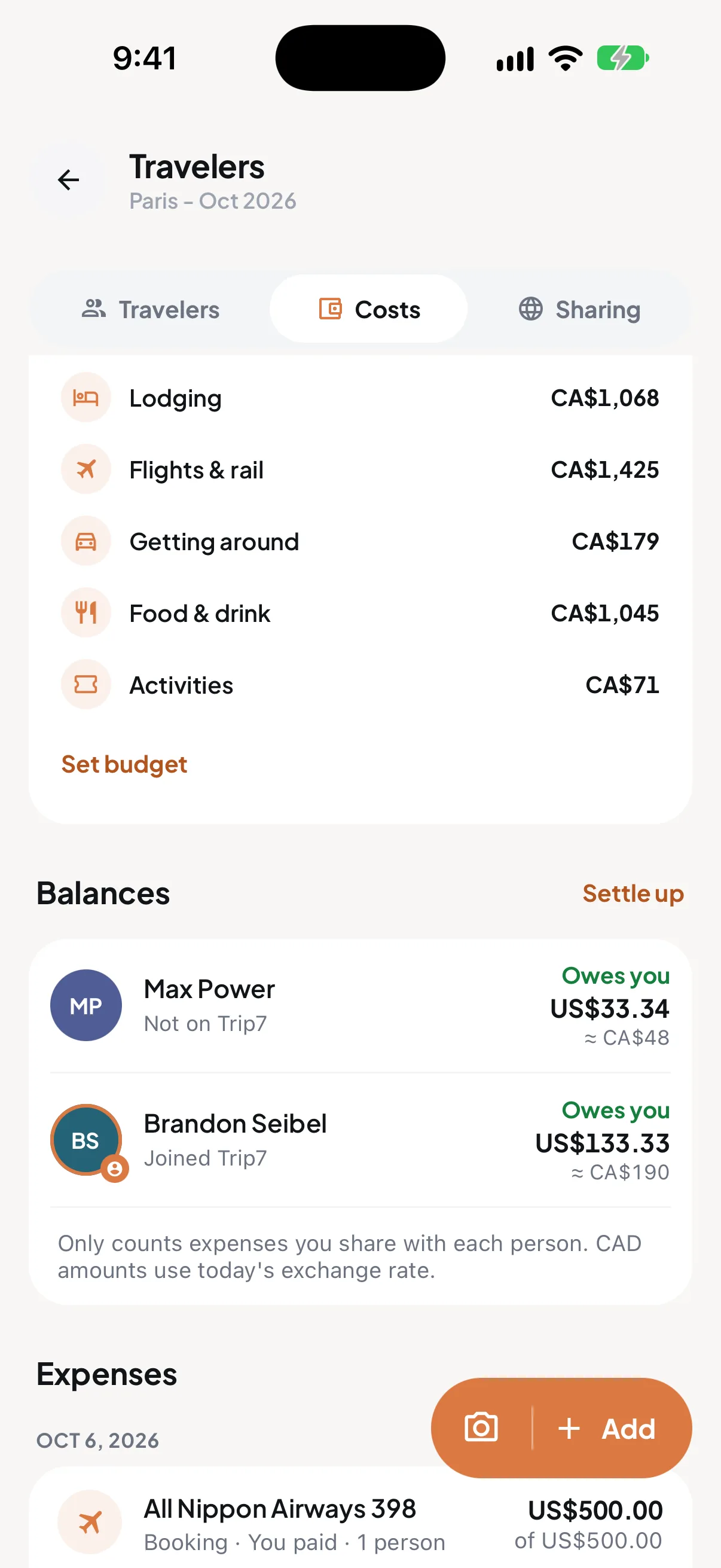 Trip7 costs for a Paris trip: lodging, flights and rail, getting around, food and drink, and activities in Canadian dollars, with balances showing who owes you, including a traveler not on Trip7