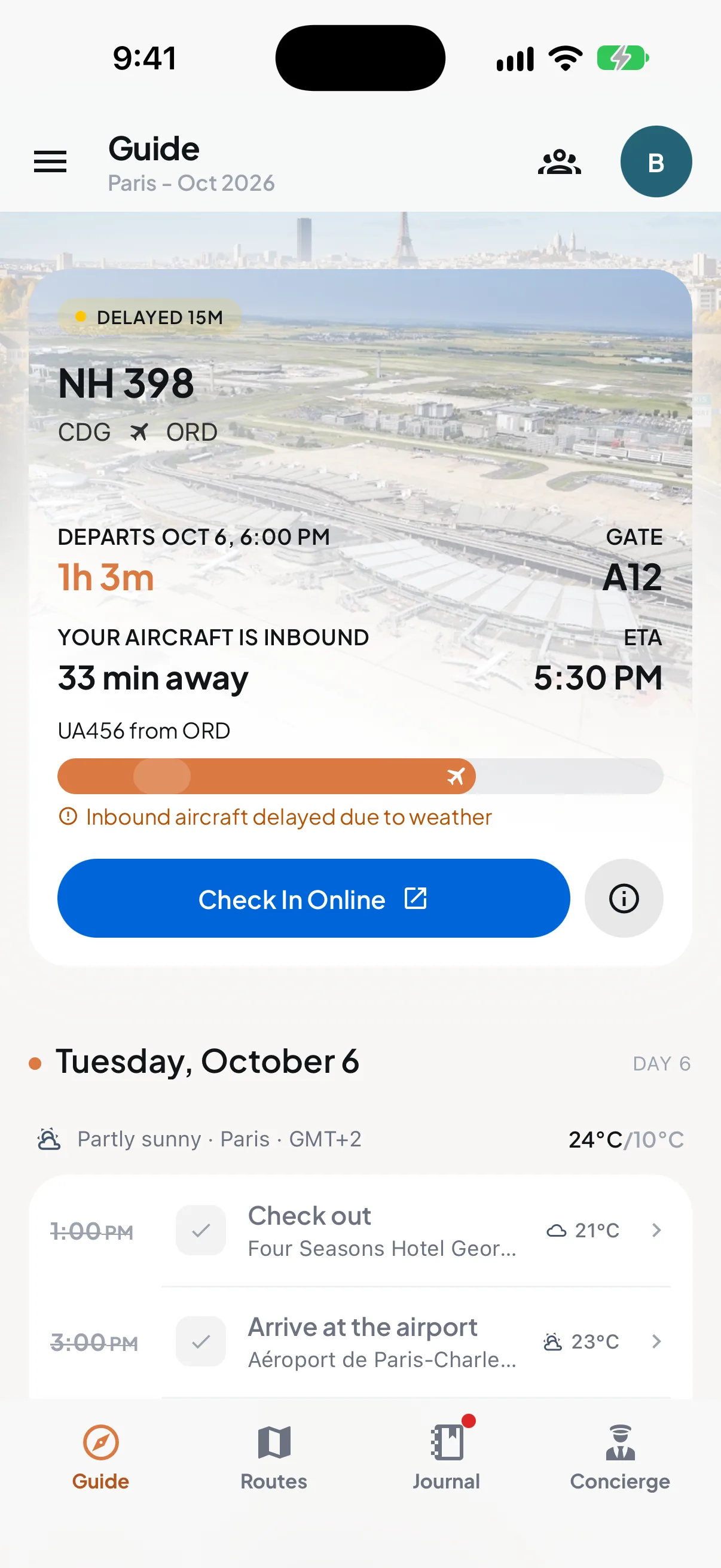 Trip7 flight card for NH398 from Paris to Chicago, delayed 15 minutes, gate A12, departing in 1 hour 3 minutes, with the inbound aircraft 33 minutes away and delayed by weather