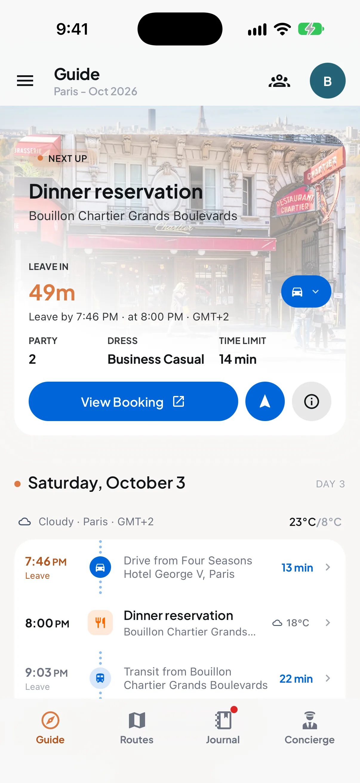 Trip7 guide for a Paris trip showing the next booking, a dinner reservation at Bouillon Chartier Grands Boulevards, with a leave-in-49-minutes countdown, leave by 7:46 PM, party of 2, business casual dress, and the evening's plan below