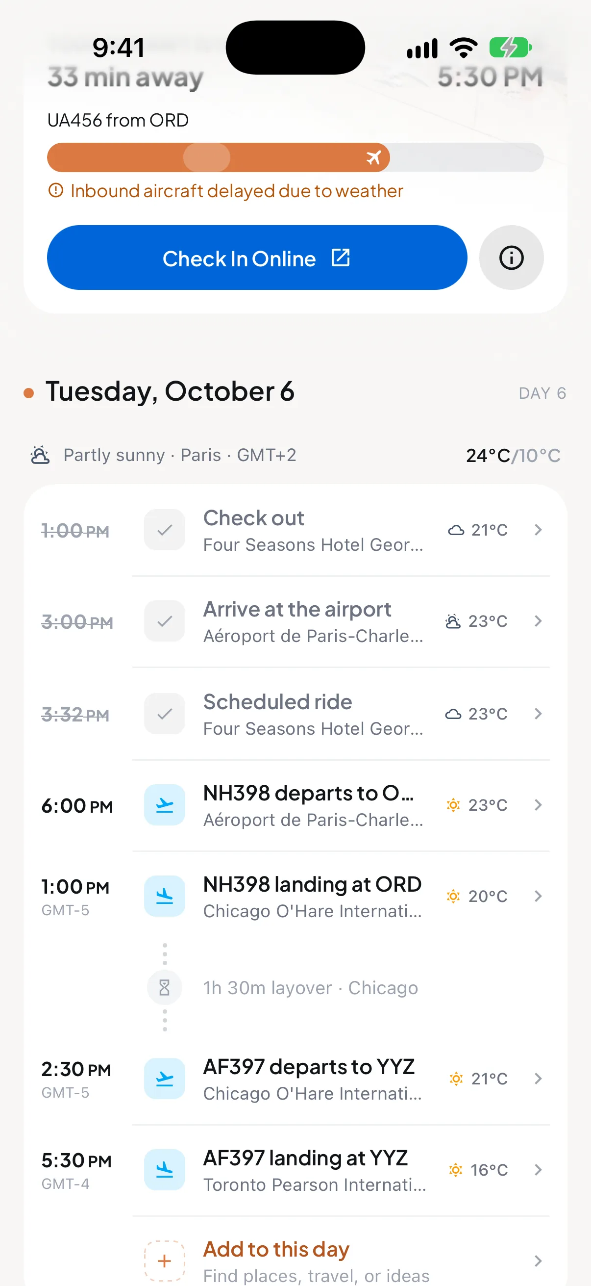 Trip7 plan for the flight home: check out, the airport, a scheduled ride, NH398 from Paris to Chicago, a layover, and AF397 on to Toronto, each with its local time and weather