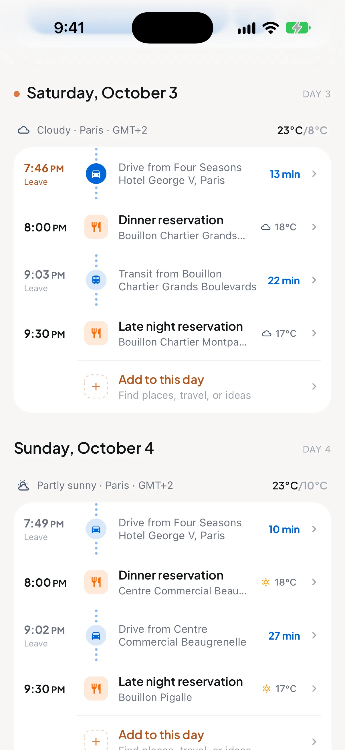 Trip7 day-by-day plan for Saturday and Sunday in Paris, with leave times, drive and transit minutes, dinner and late-night reservations, and the weather for each day