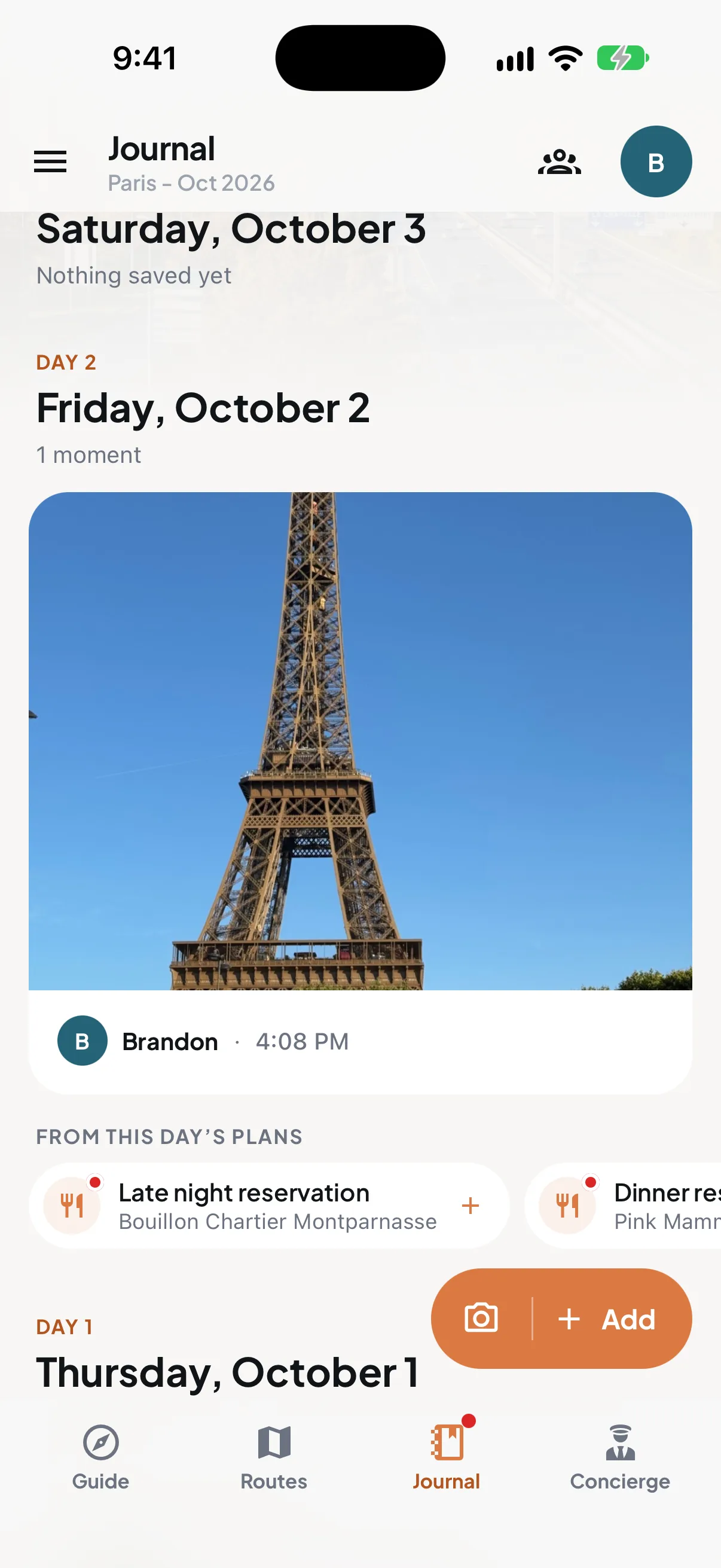 Trip7 journal for a Paris trip with a photo of the Eiffel Tower posted at 4:08 PM on Friday, October 2, and the day's plans listed below it