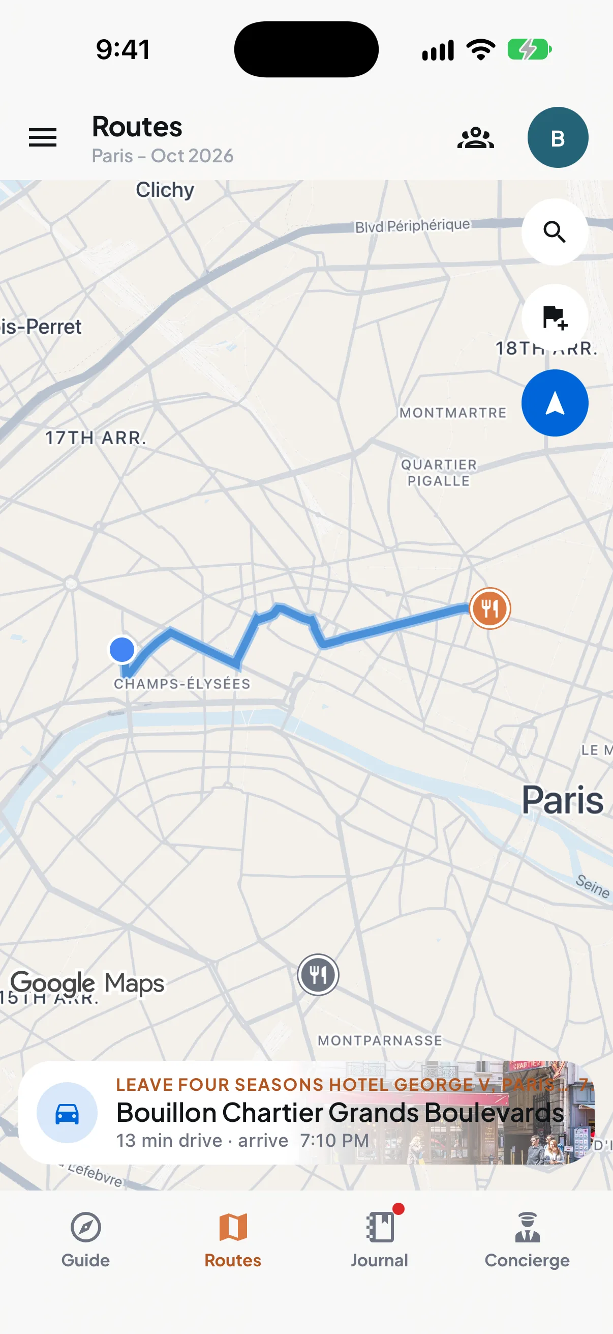 Trip7 routes map of Paris with the drive from the Four Seasons Hotel George V to Bouillon Chartier Grands Boulevards, 13 minutes, arriving 7:10 PM
