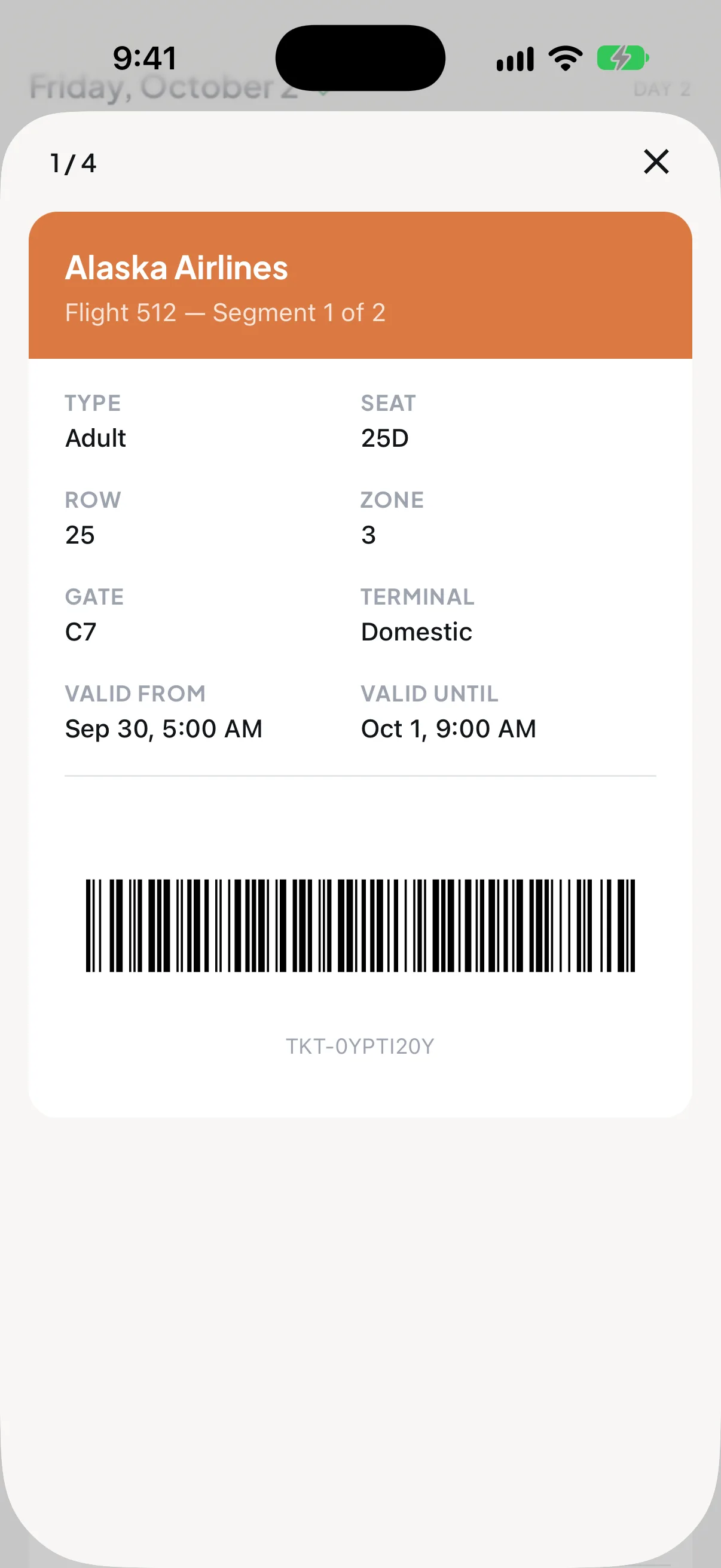 Trip7 boarding pass for Alaska Airlines flight 512, seat 25D, row 25, zone 3, gate C7, with a scannable barcode, shown as ticket 1 of 4