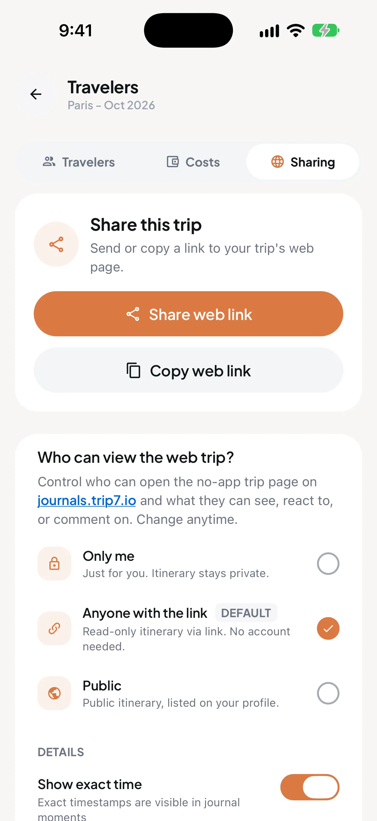 Trip7 sharing settings with Share web link and Copy web link buttons, and a choice of who can view the web trip: only me, anyone with the link, or public